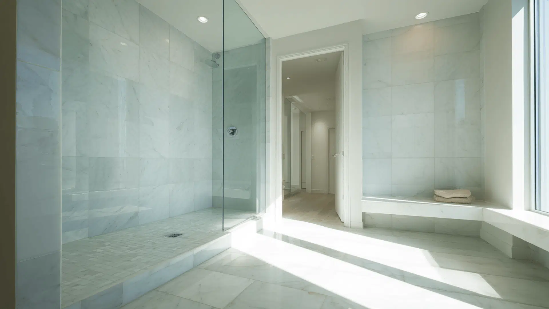 sleek minimalist shower with floor to ceiling tile doorless walk in shower idea