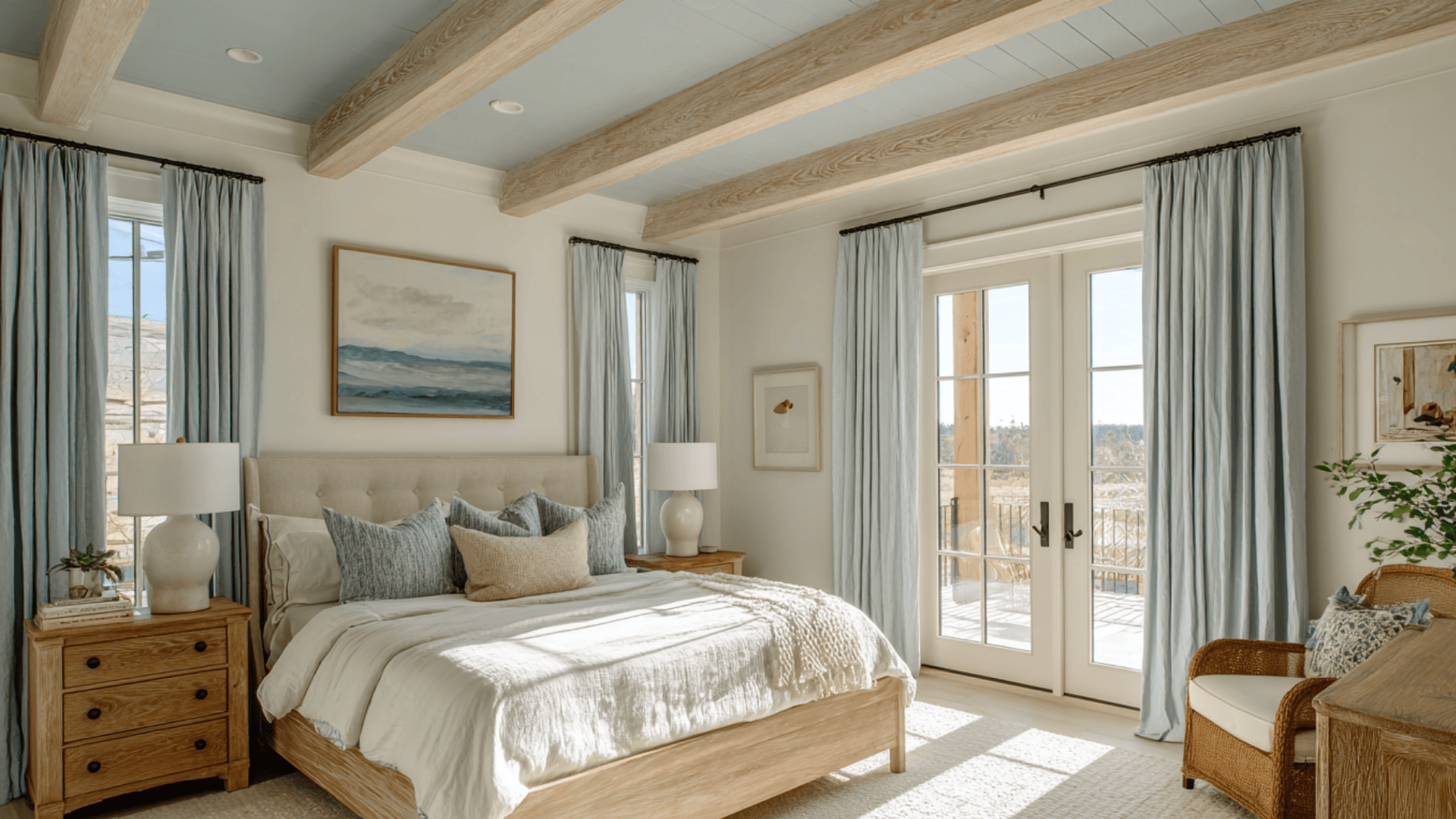 soft beige beams over light blue ceilings