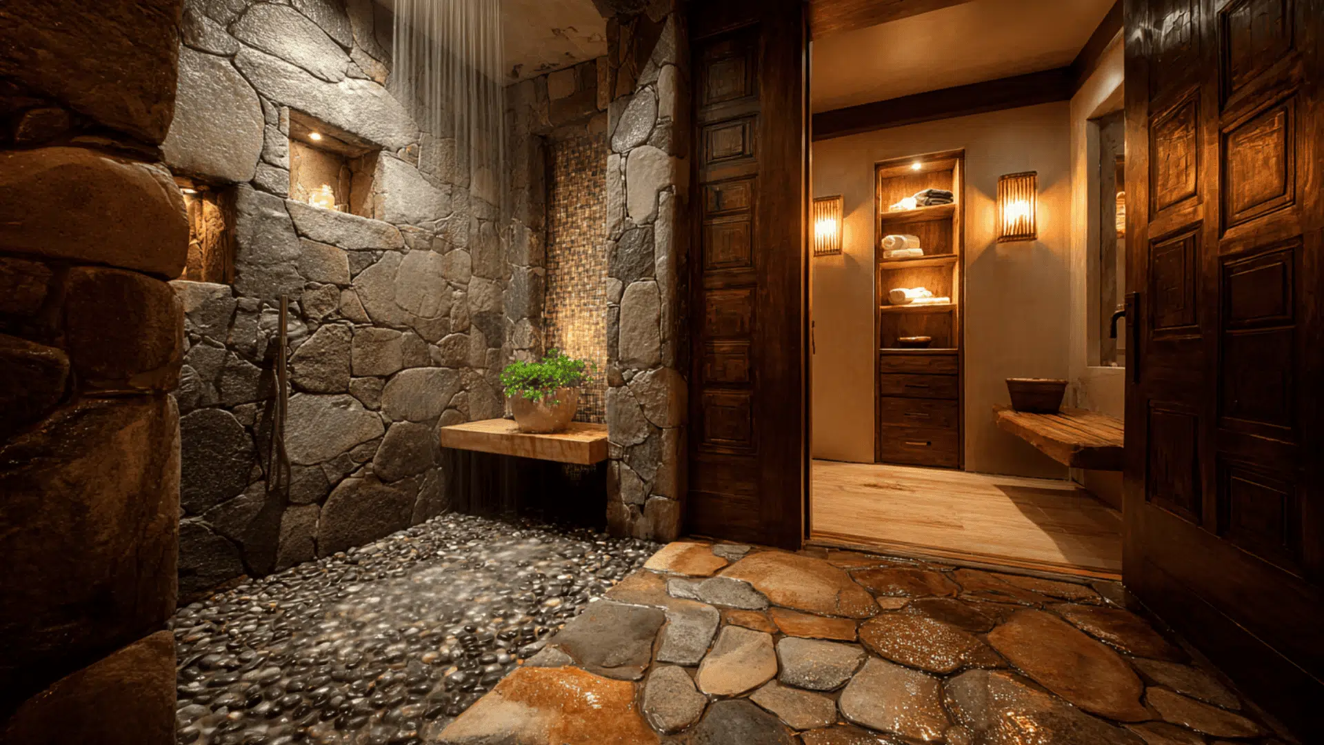 spa inspired stone tile shower doorless walk in shower idea