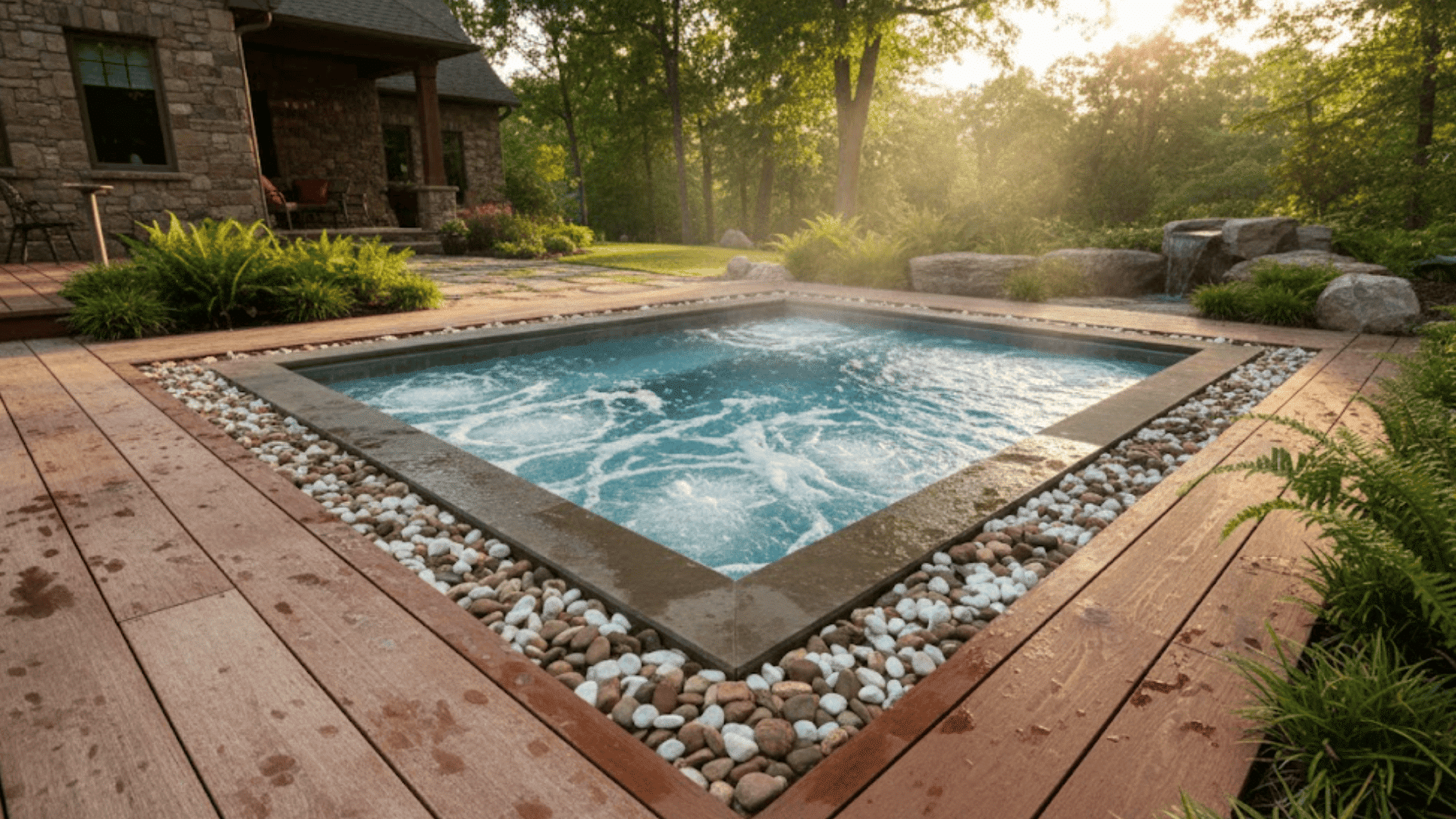 sunken deck with stone border