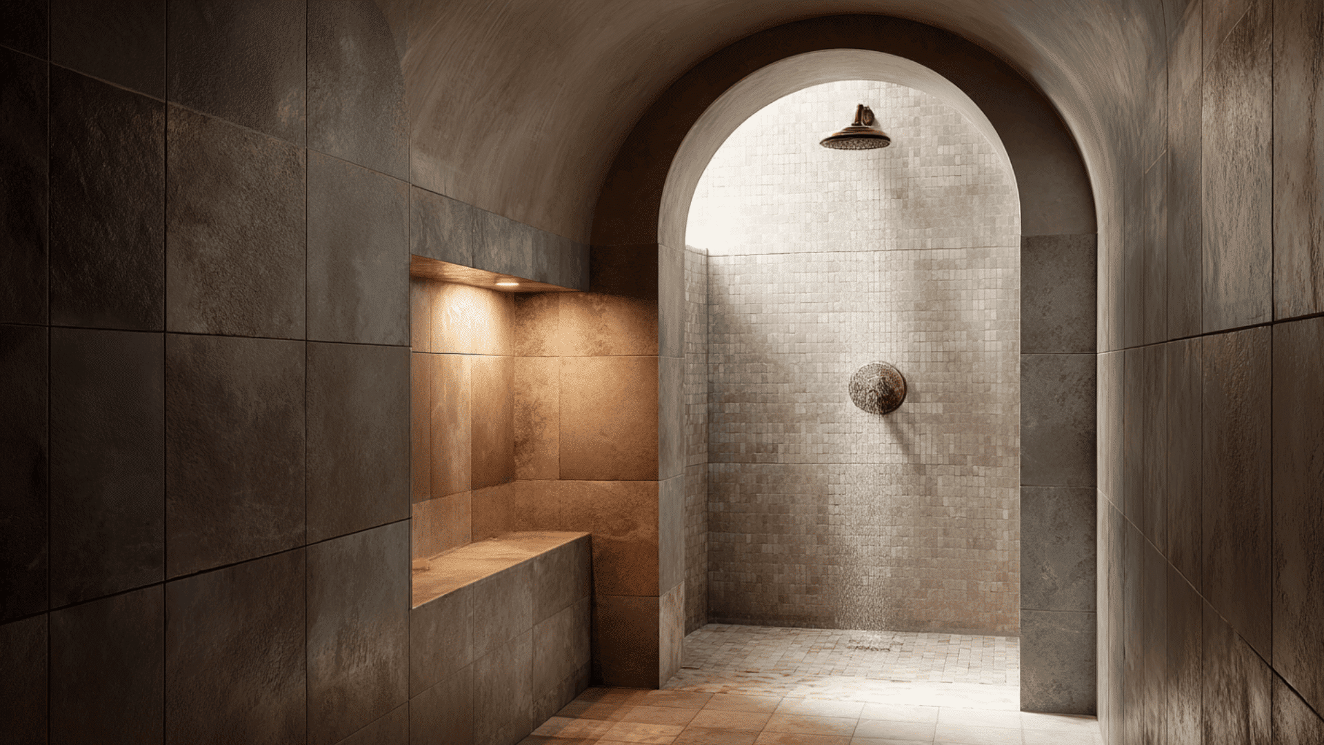 tiled archway shower entrance doorless walk in shower idea