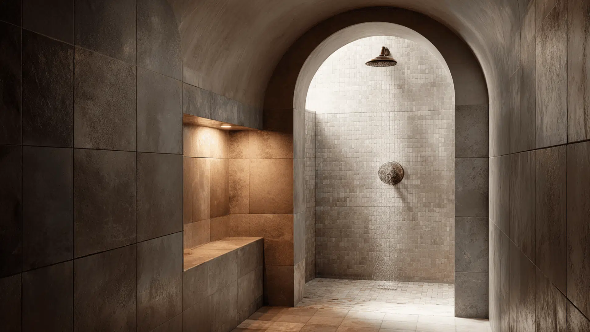 tiled archway shower entrance doorless walk in shower idea