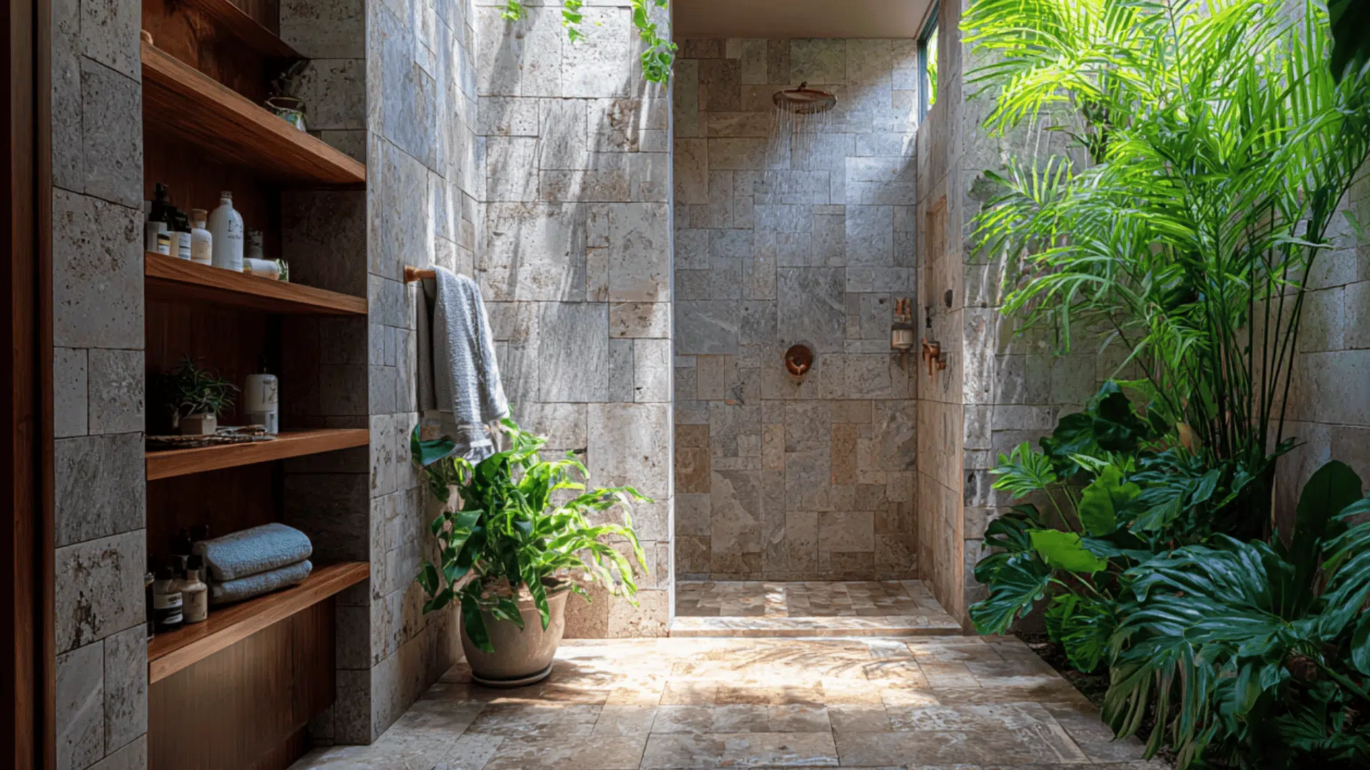 tropical plant themed shower space doorless walk in shower idea
