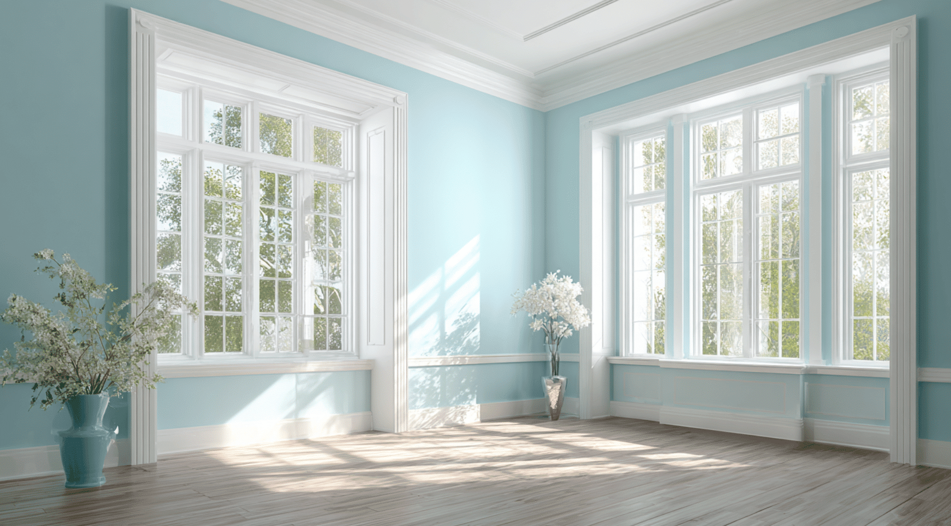 Pale Blue Walls + Bright White Trim
