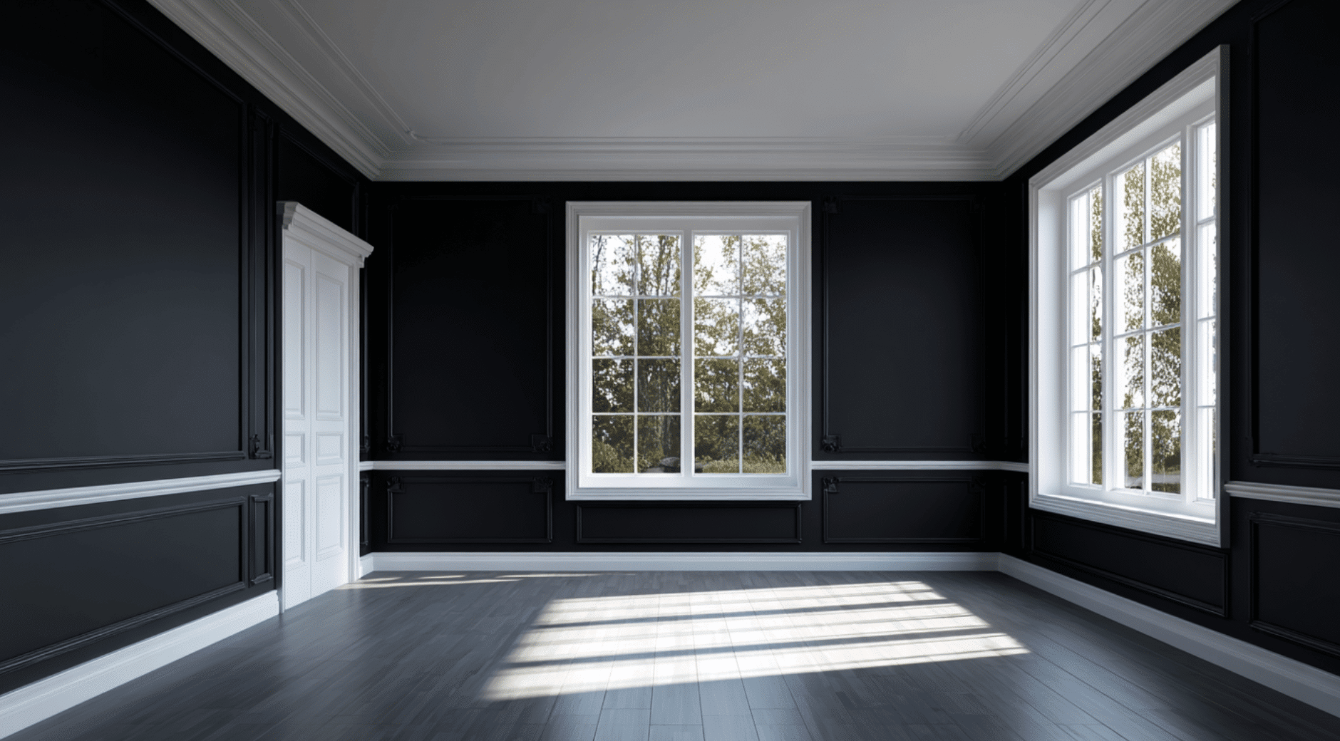 Soft Black Walls + Pure White Trim
