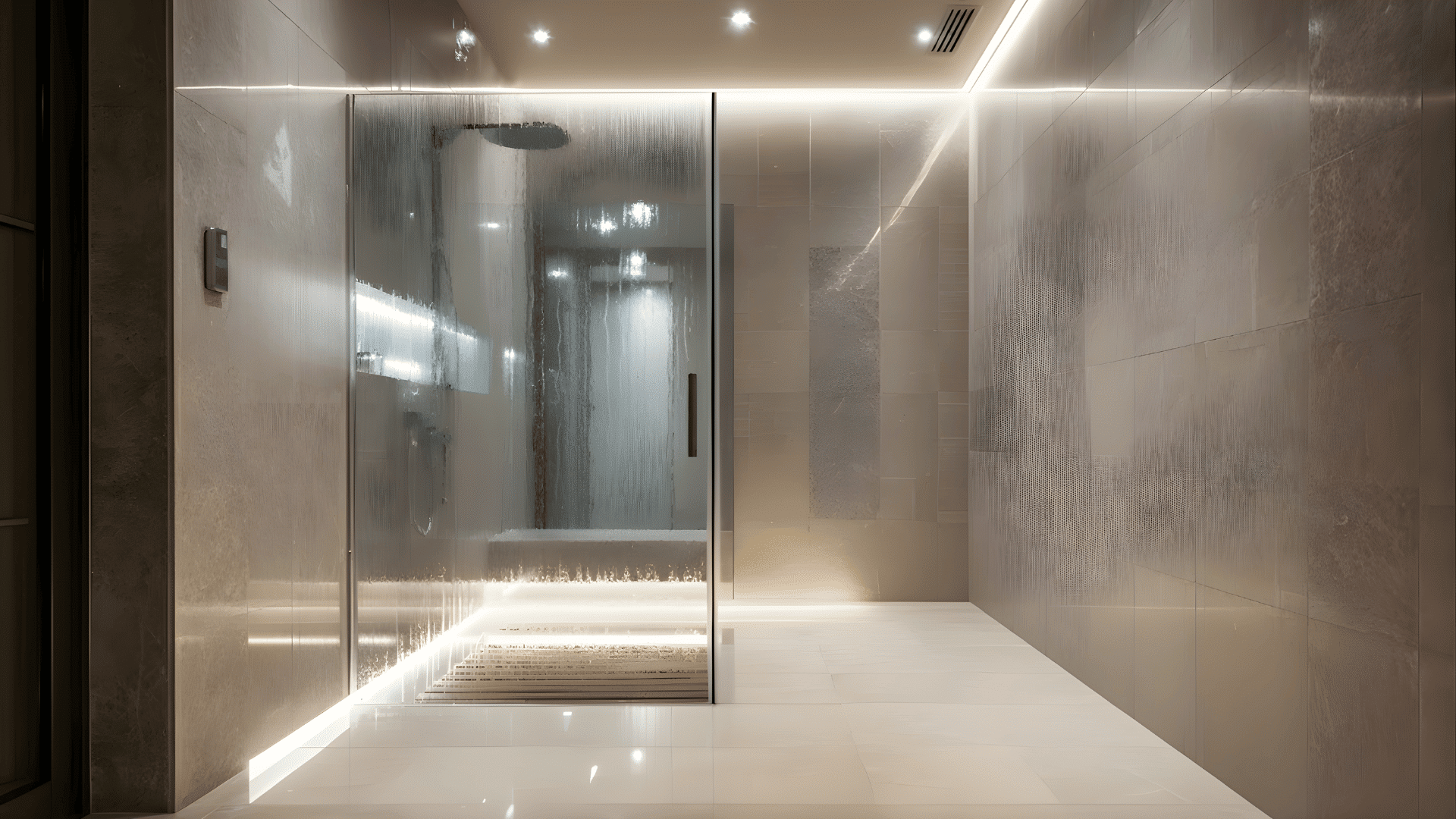 walk In wet room with a slim glass divider
