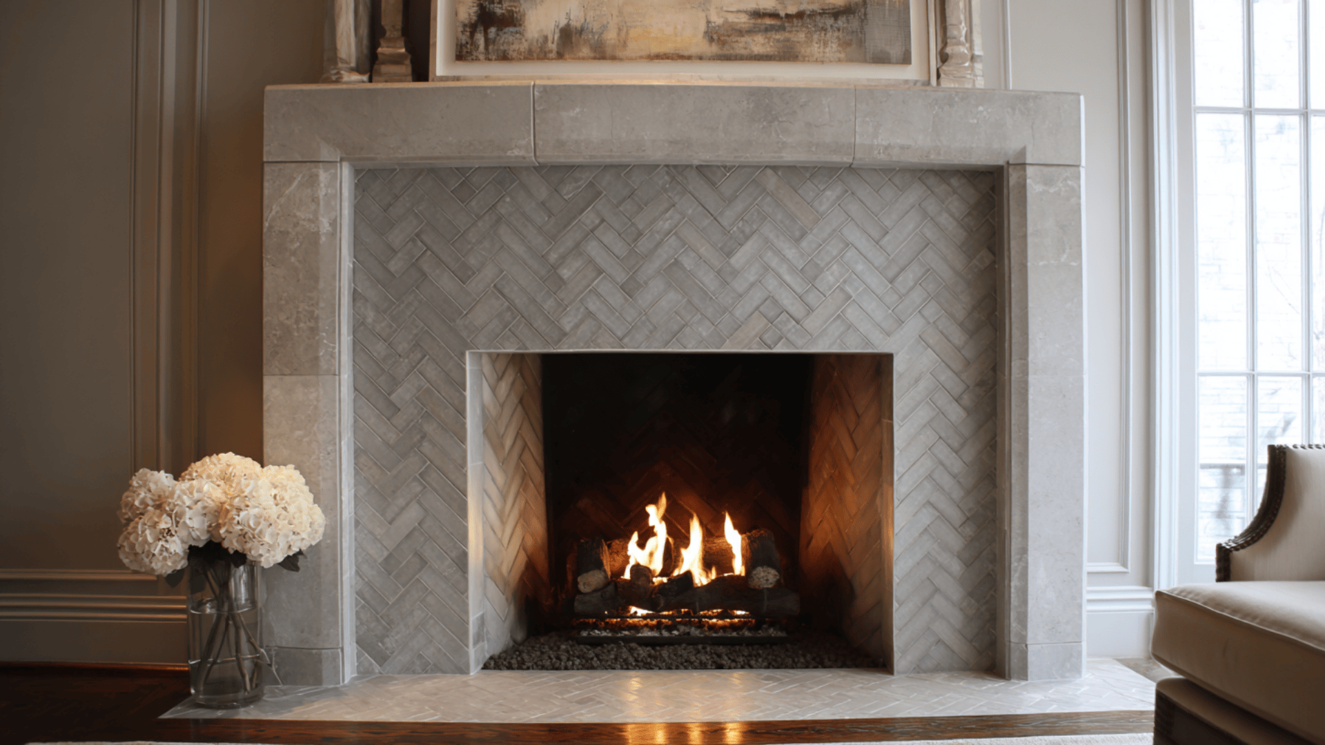 warm gray herringbone porcelain
