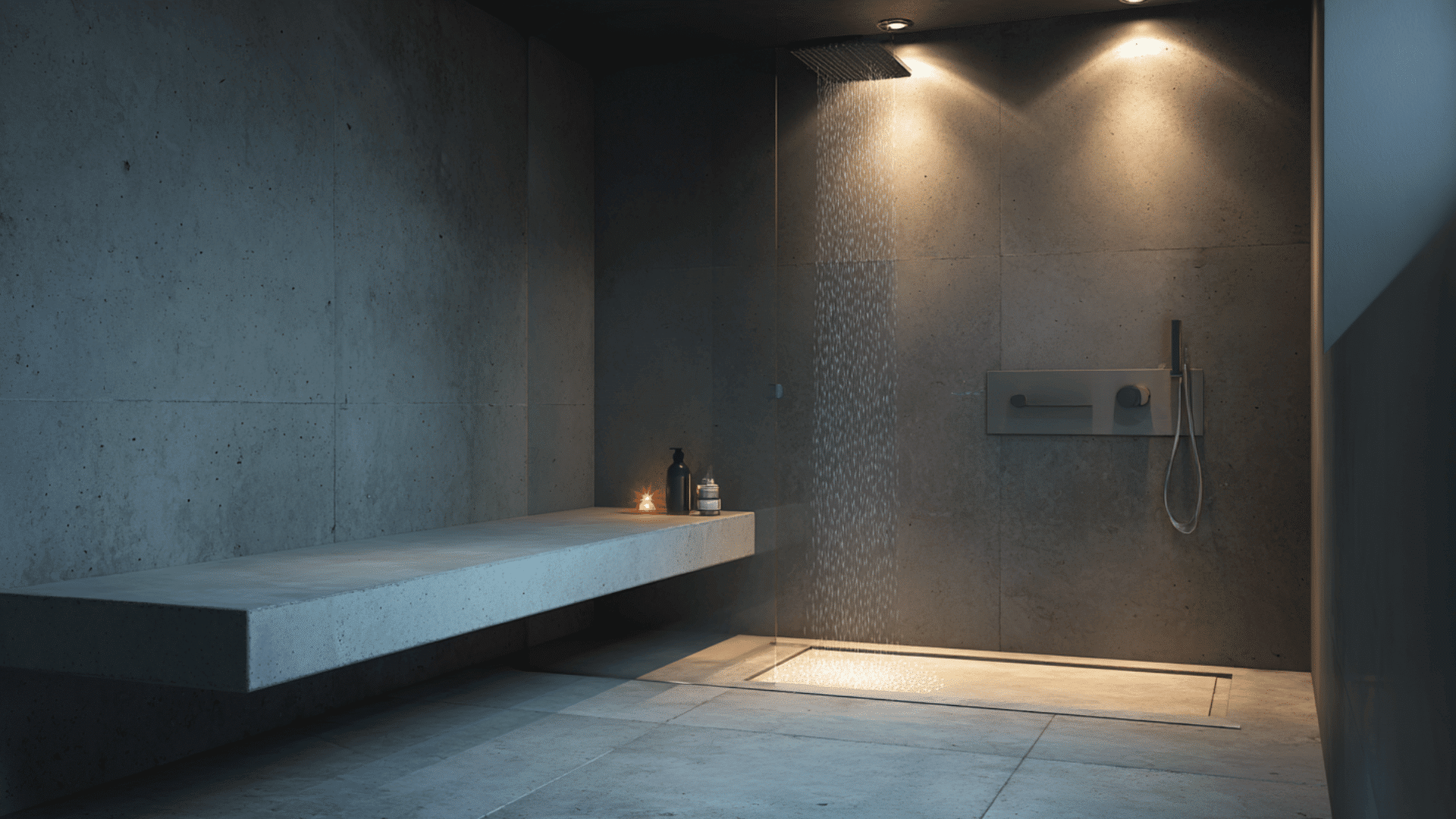 wet room with a floating shower bench