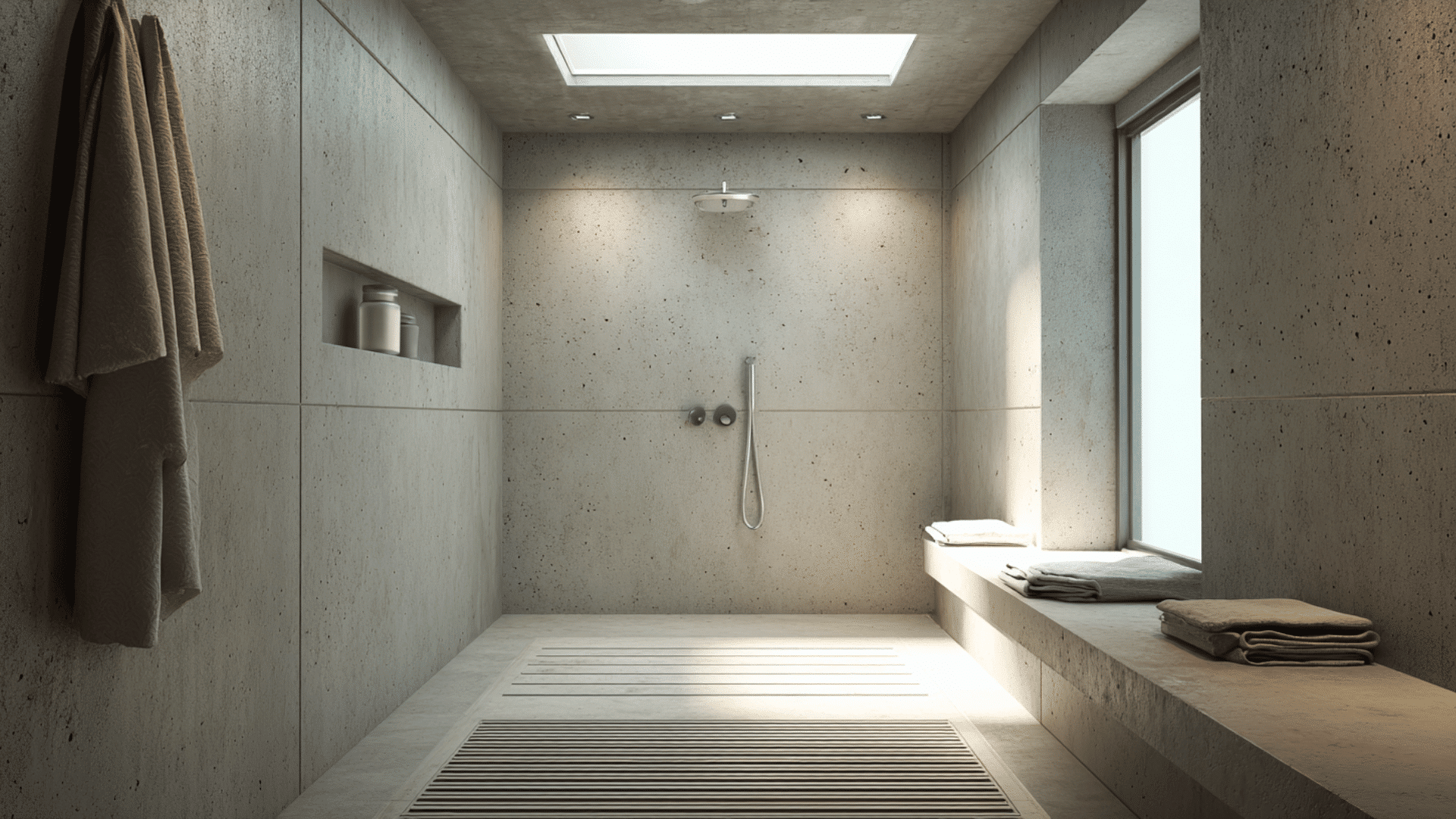 wet room with a floor to ceiling privacy window