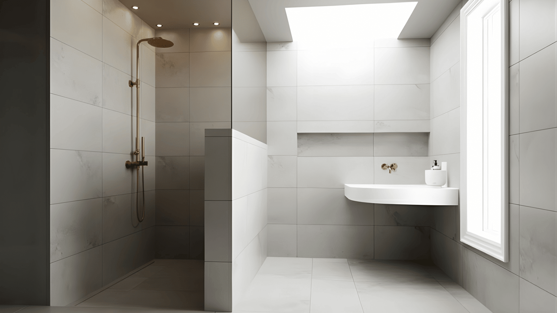wet room with a half height privacy wall