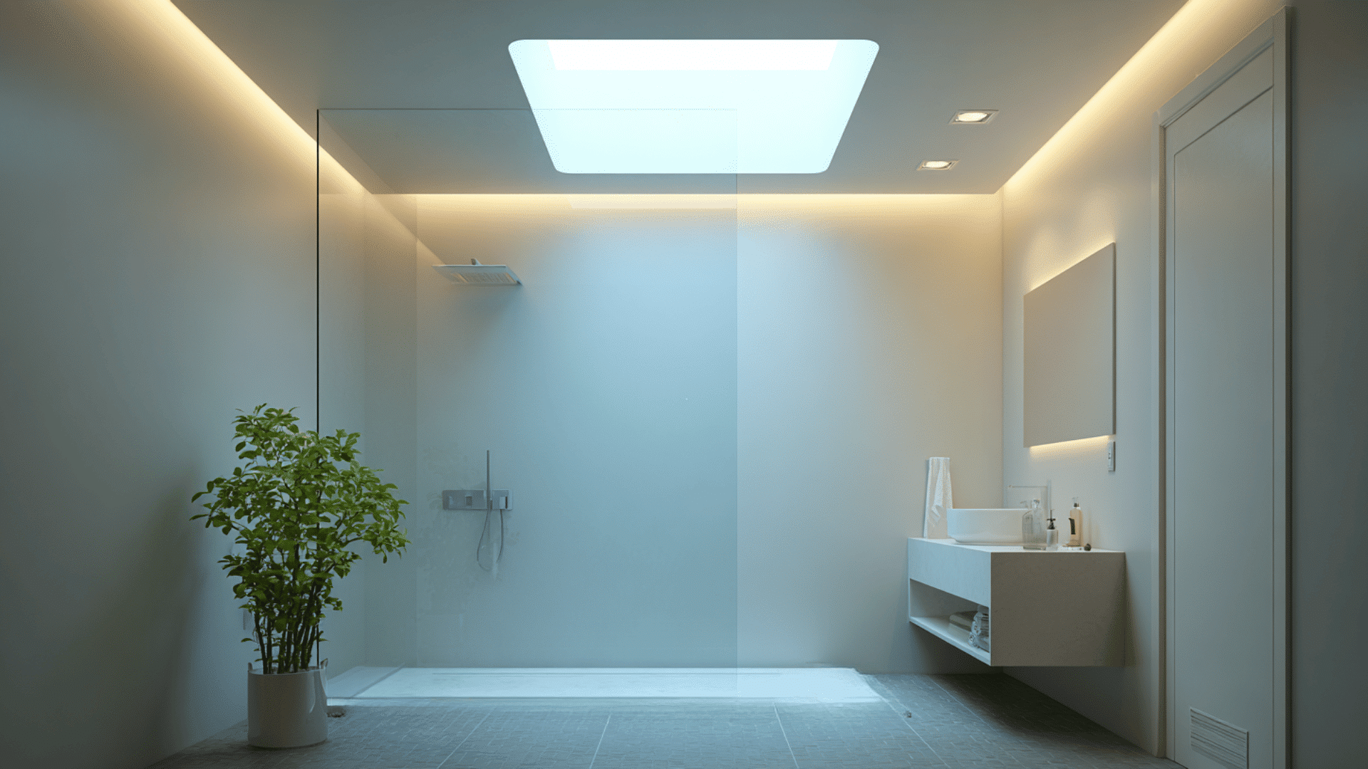 wet room with a skylight above the shower