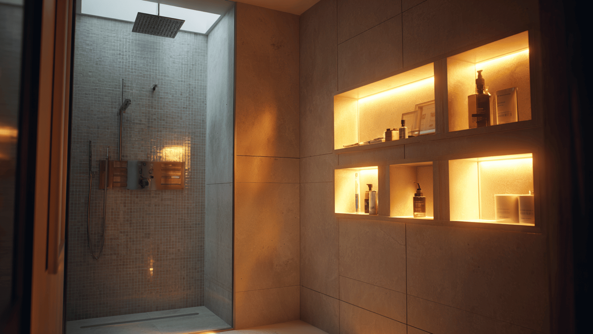 wet room with led lit niches