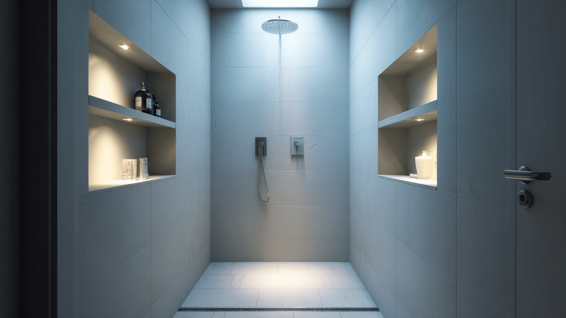 wet room with recessed shelves in dry zones