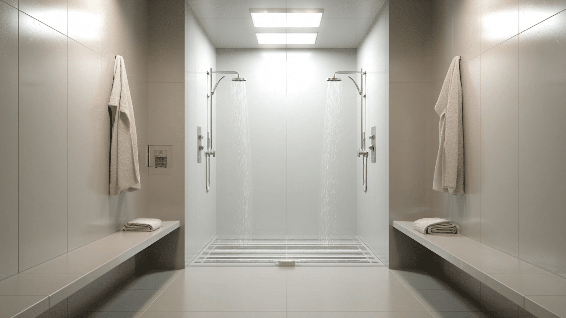 wet room with two side by side shower heads