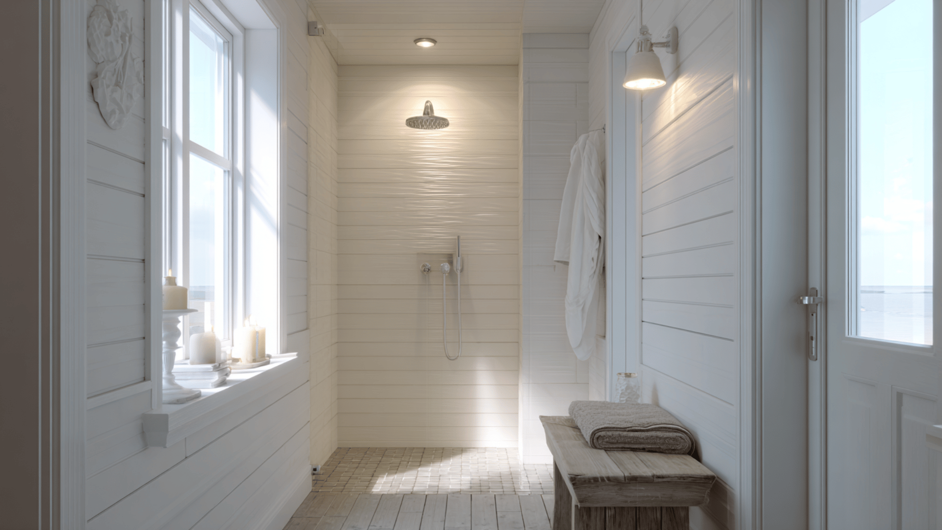 wet room with waterproof shiplap style panels