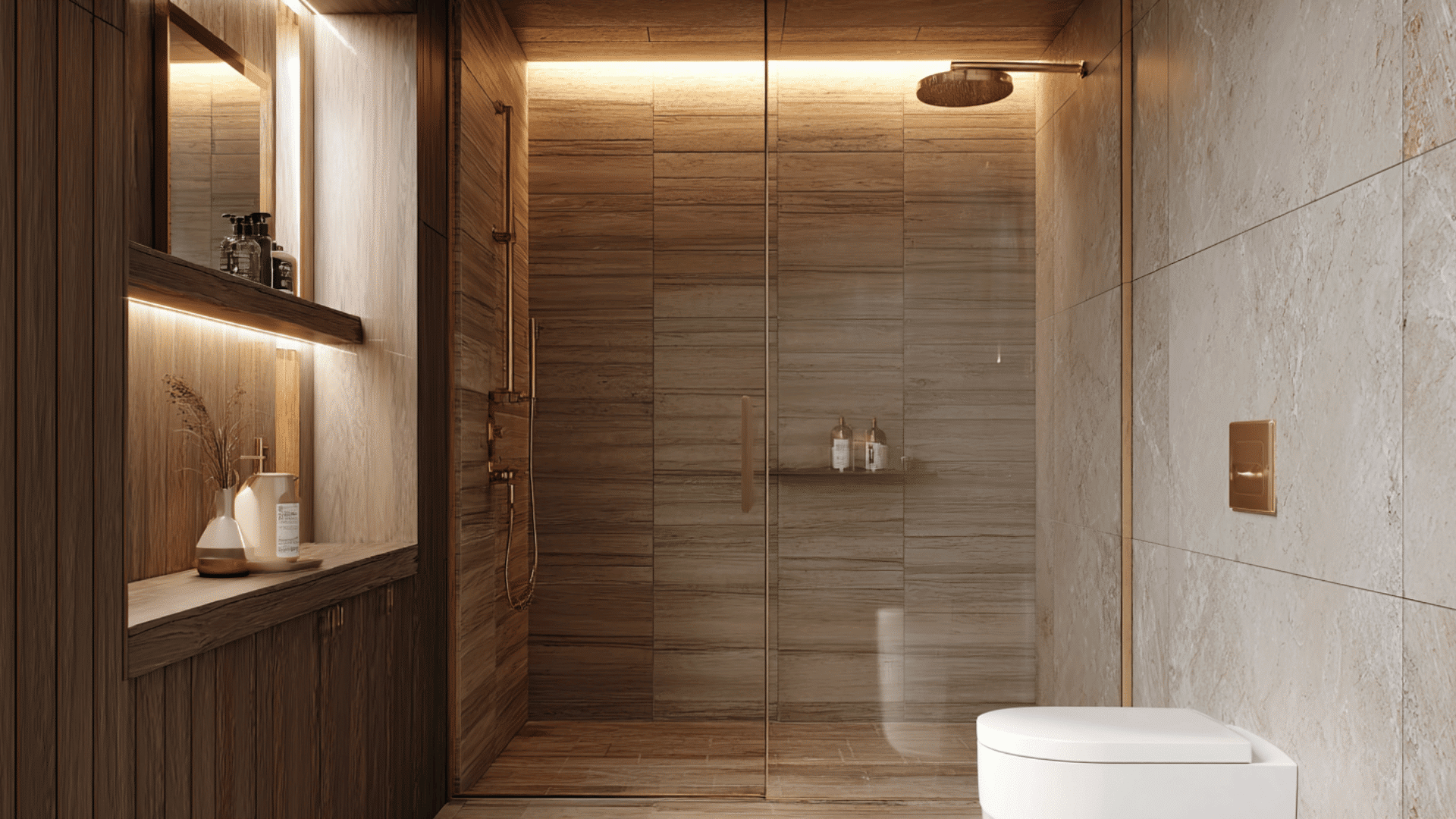 wood effect tile wet room with warm tones