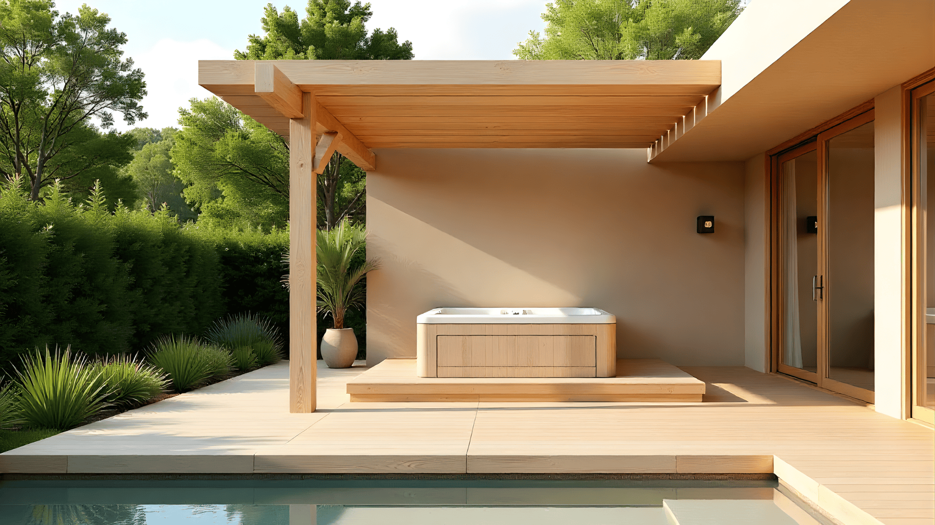 wood pergola over spa