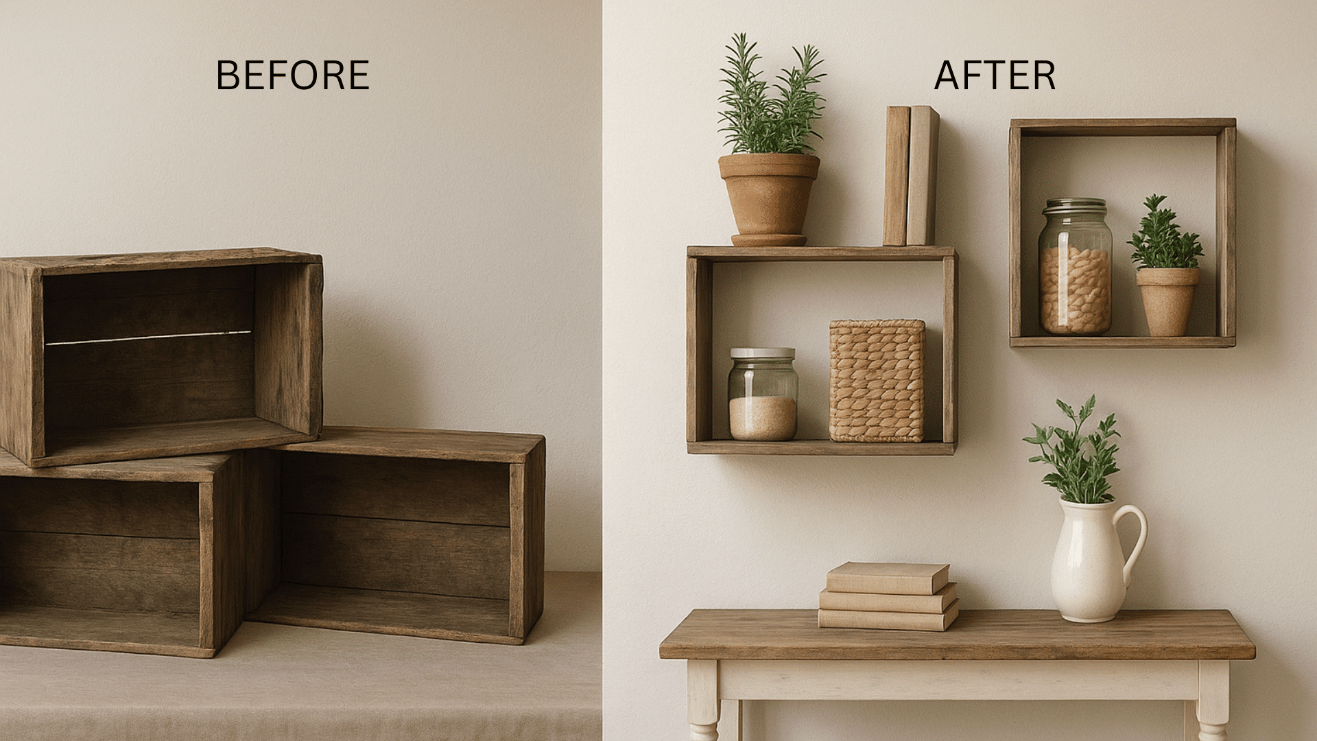 wooden crates turned wall shelves