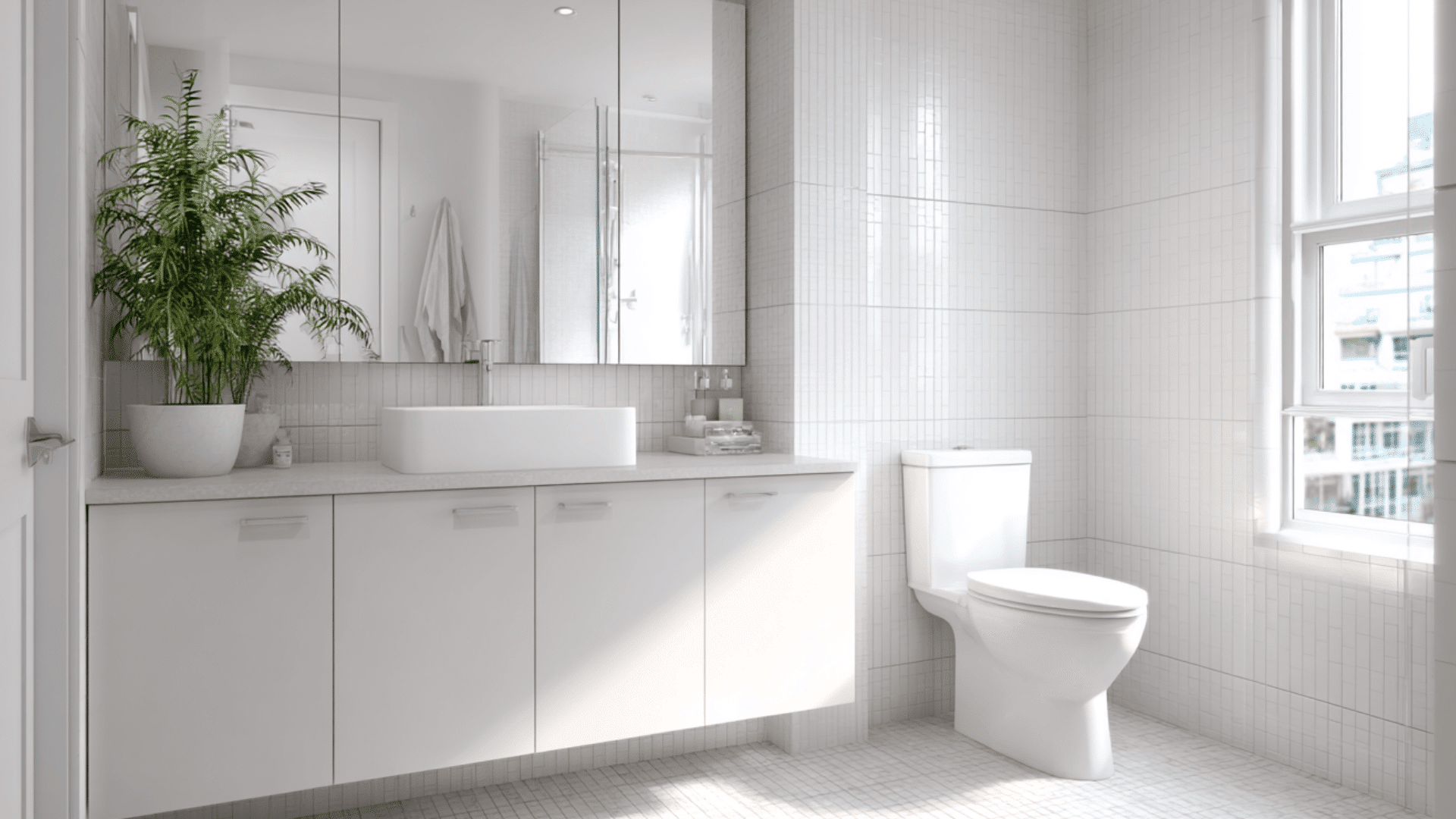 all white small bathroom with glass shower