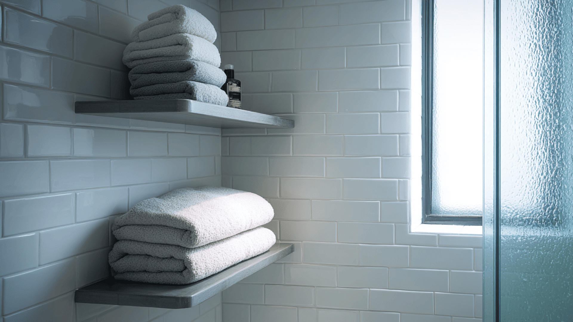 floating corner shelves near shower