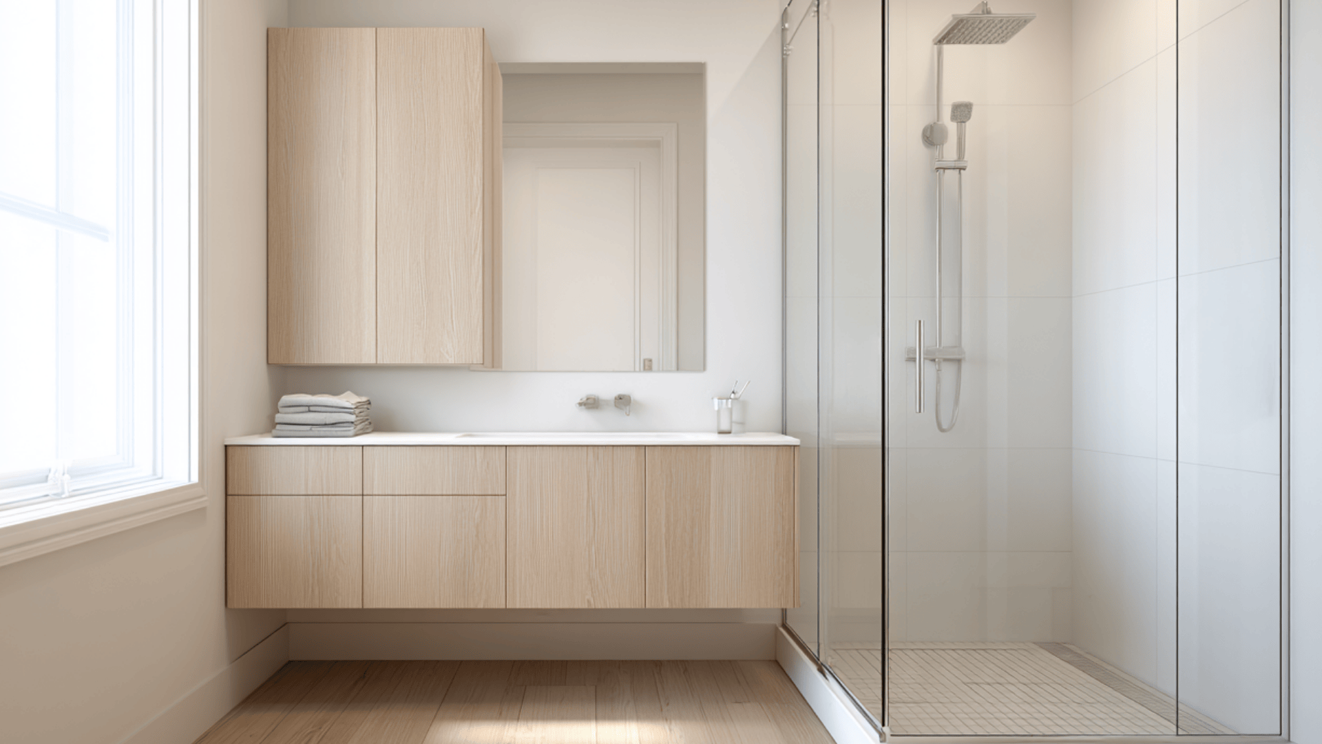 floating vanity beside shower