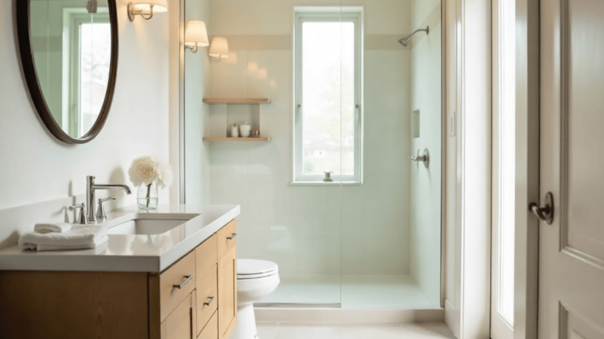 narrow vanity cabinet across from shower