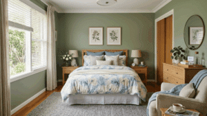 Cozy guest bedroom with sage green walls, layered bedding, warm wood furniture, and soft natural lighting.