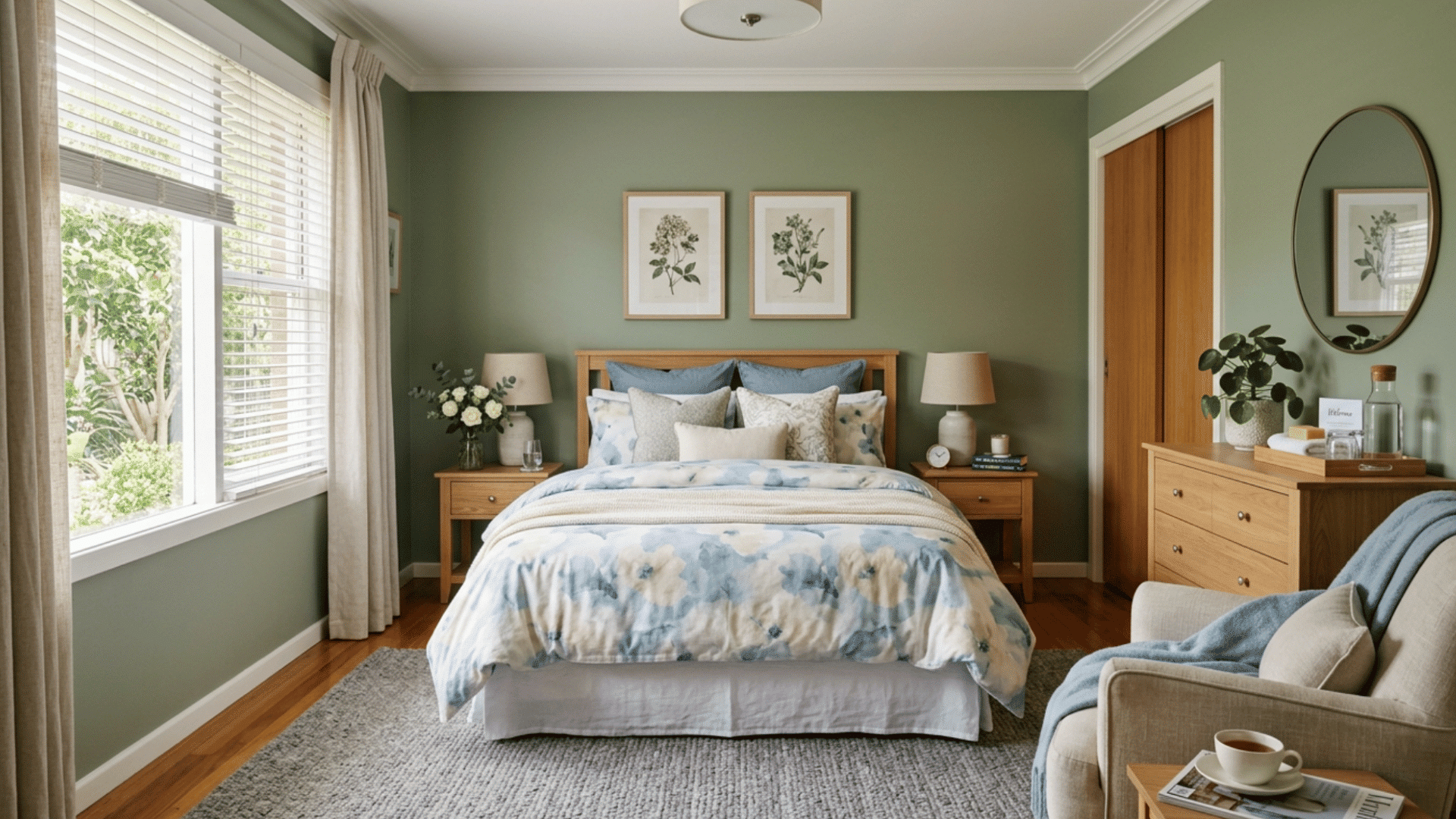 Cozy guest bedroom with sage green walls, layered bedding, warm wood furniture, and soft natural lighting.