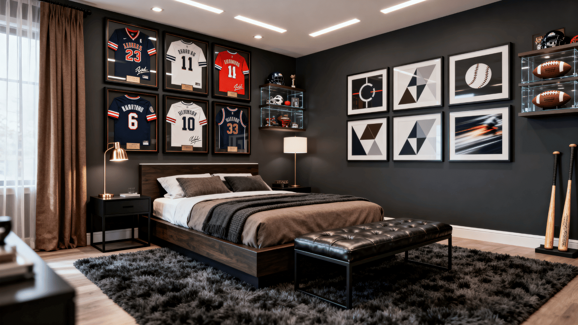 Sports-themed men’s bedroom with framed jerseys, dark walls, modern decor, and stylish sports displays.