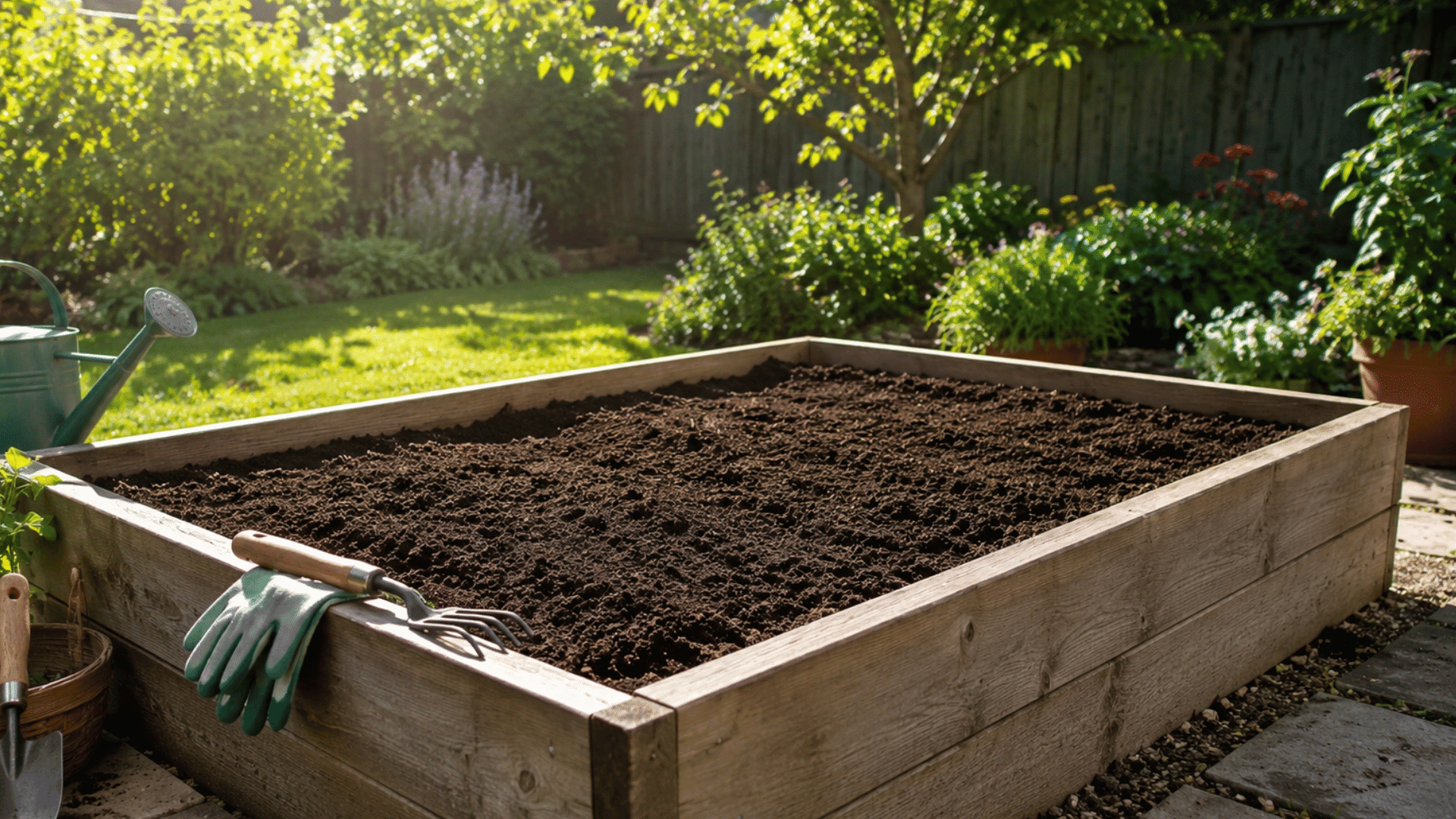 a sunny raised garden bed with rich soil and gardening tools in the bright backyard sunlight