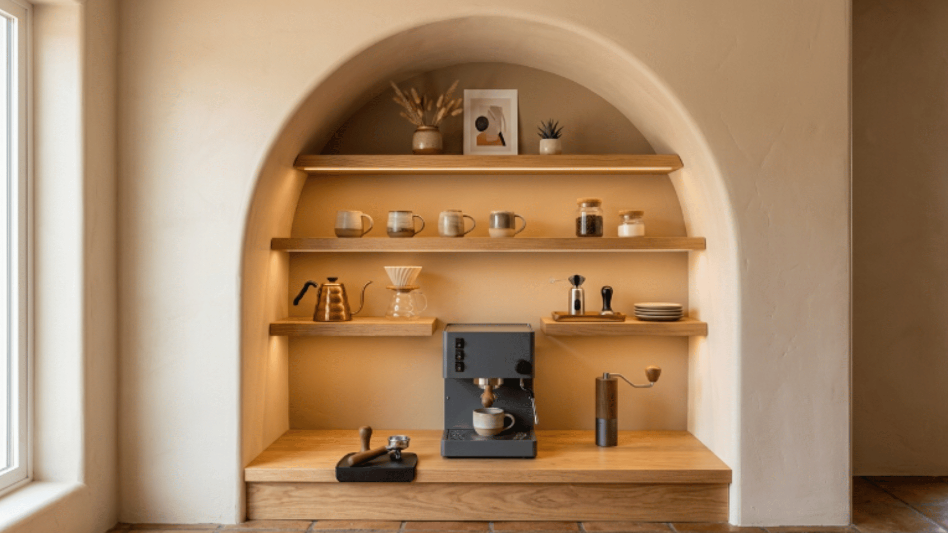 arched alcove coffee station with shelves led lighting mugs and coffee setup