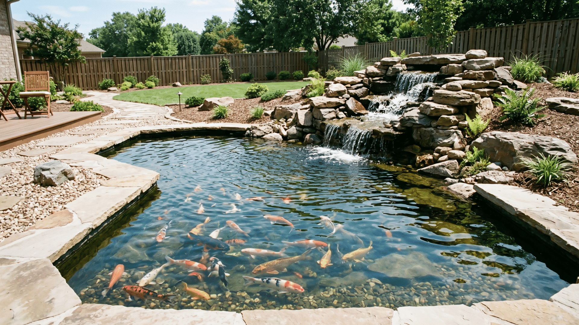 backyard koi pond with stone waterfall and clear water in bright daylight