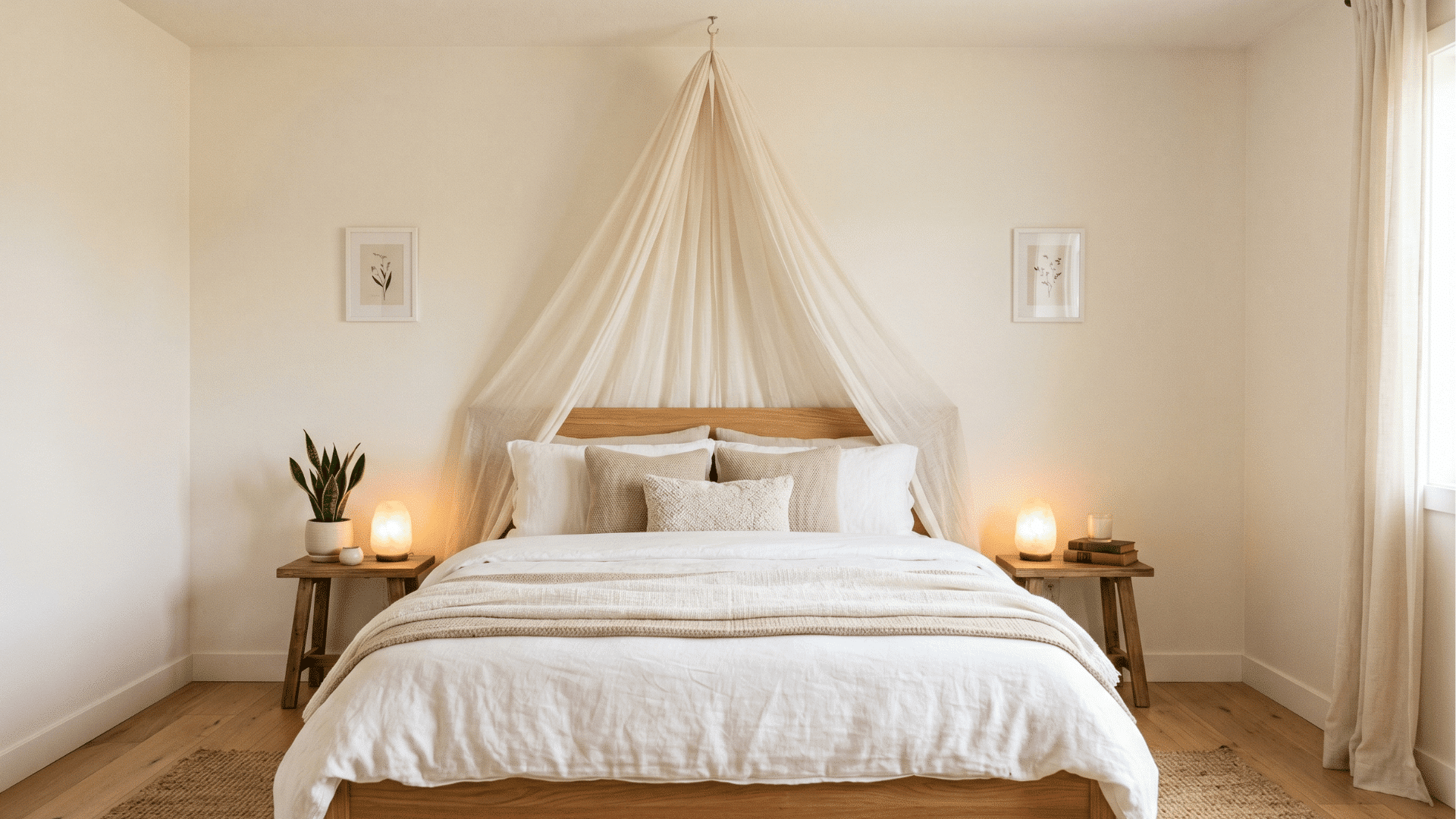 bed canopy with sheer fabric draped above a cozy minimal bedroom setup