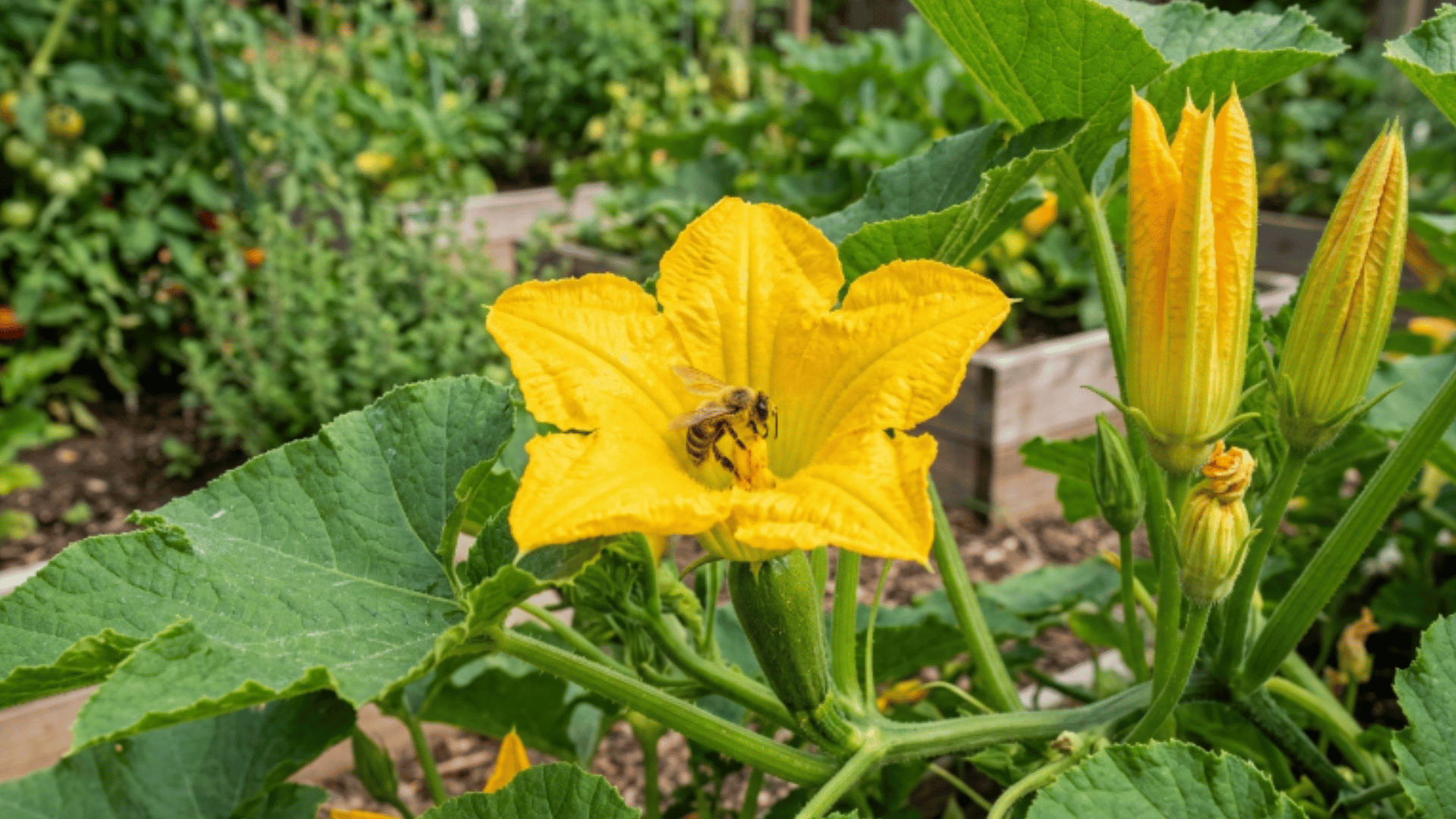 bee pollinating yellow summer squash flowers on a healthy vegetable garden plant