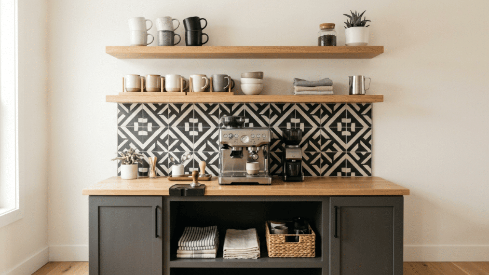 black and white tiled coffee bar with shelves mugs jars and coffee machine