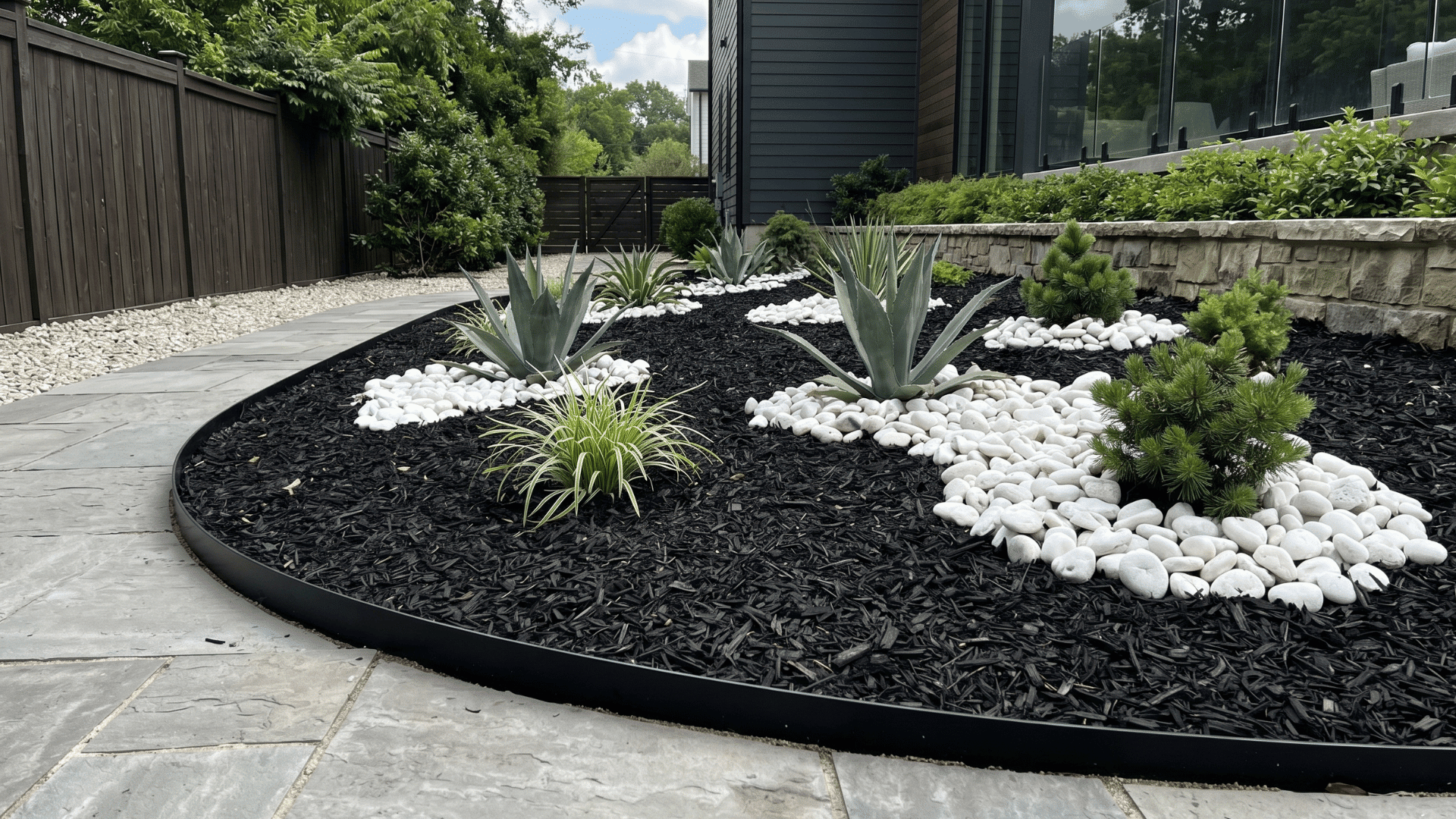 black mulch garden with white stones and modern planting layout in daylight