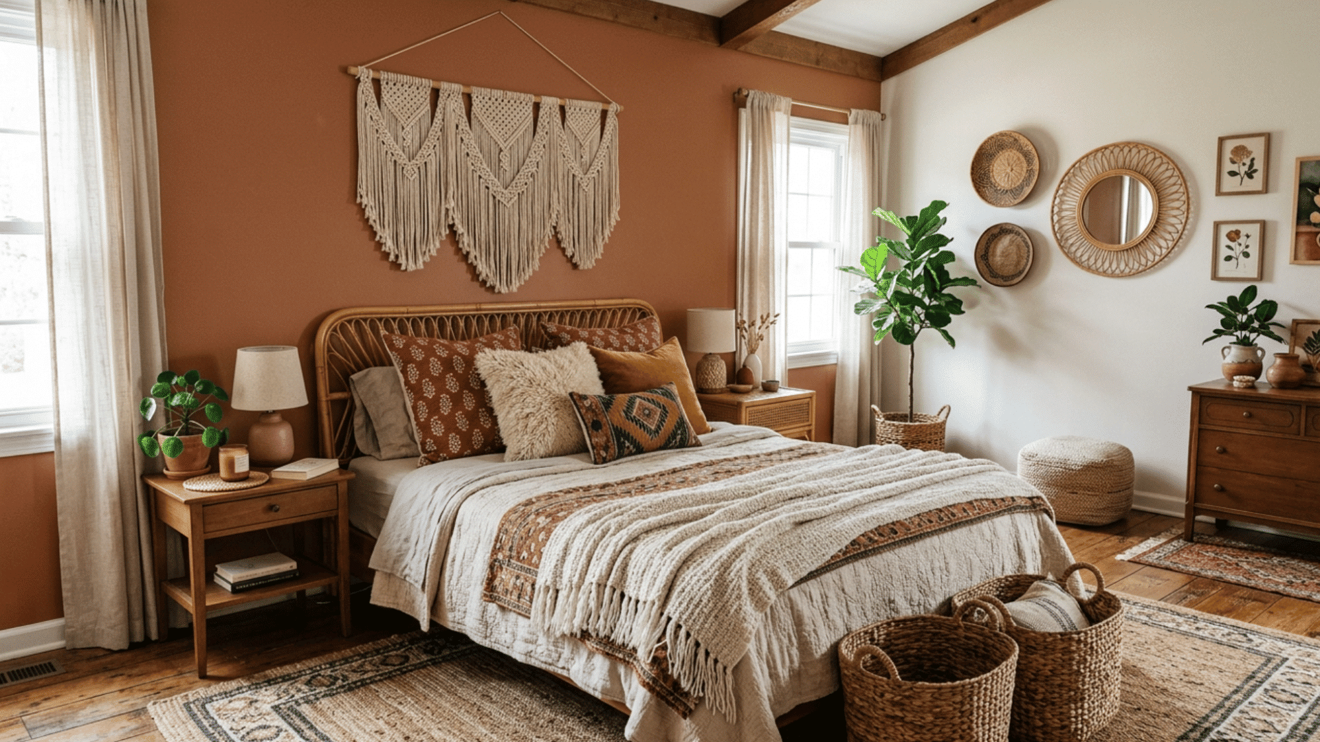 boho guest bedroom with earthy tones, layered textiles, woven decor, and cozy relaxed natural textures.