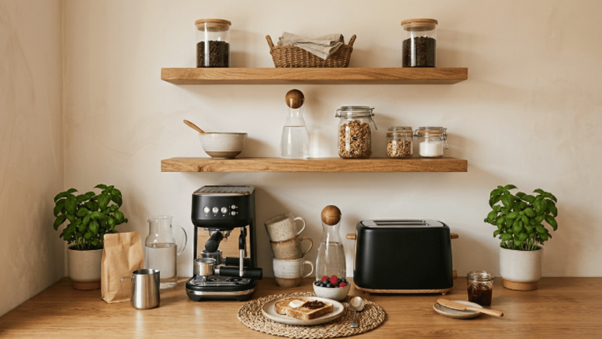 breakfast and coffee corner with toaster floating shelves and coffee supplies