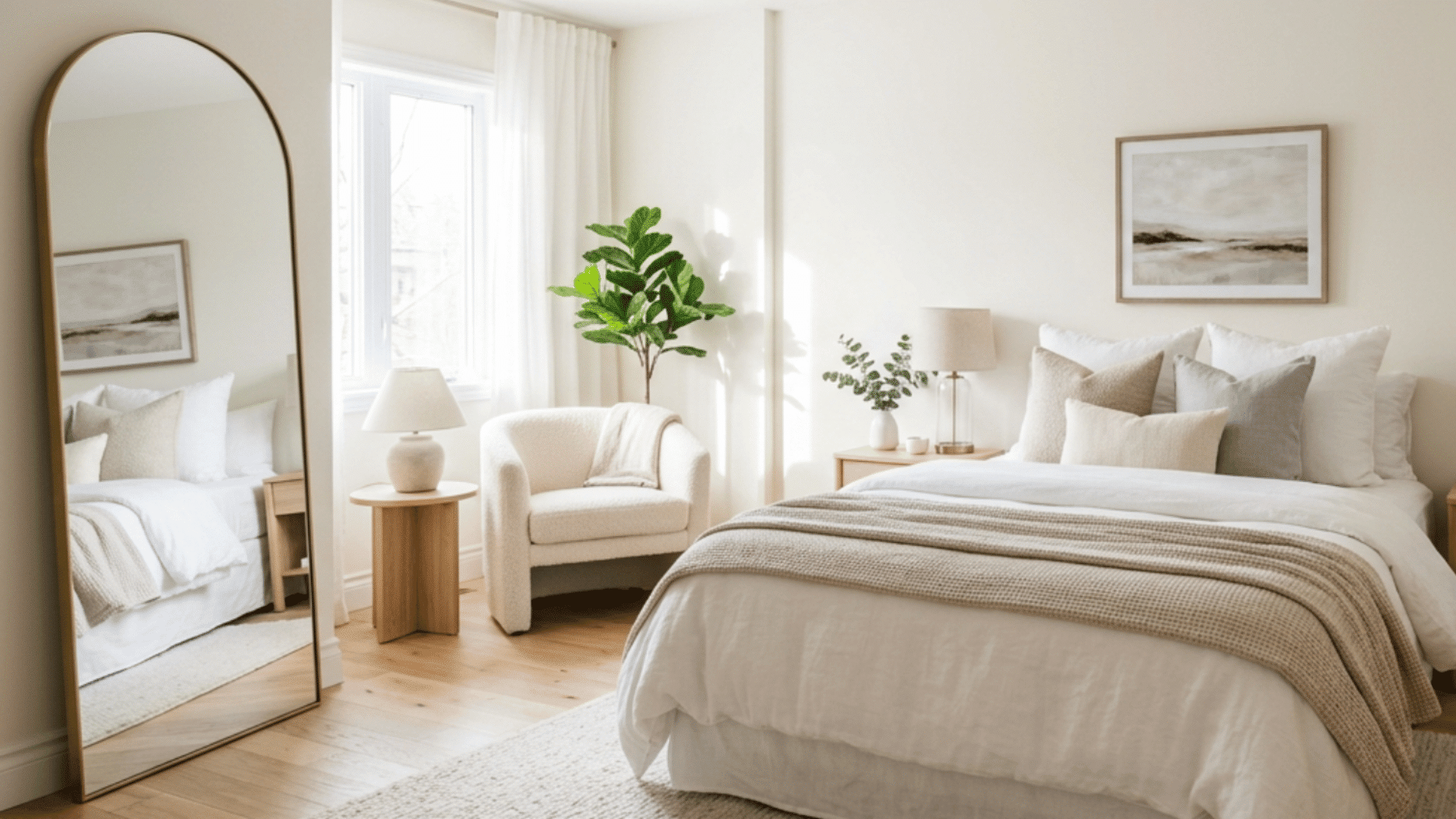 bright guest bedroom with large round mirror, neutral decor, cozy bedding, and soft natural lighting.