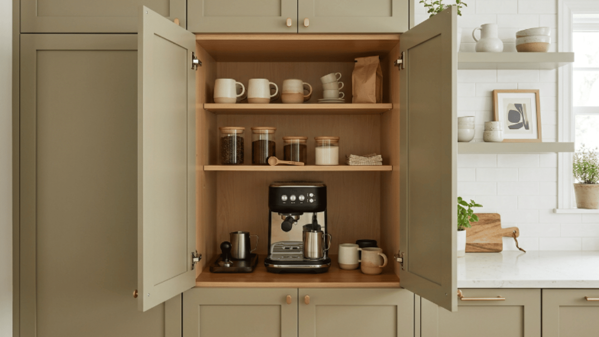 built in appliance garage coffee bar with hidden storage and coffee machine