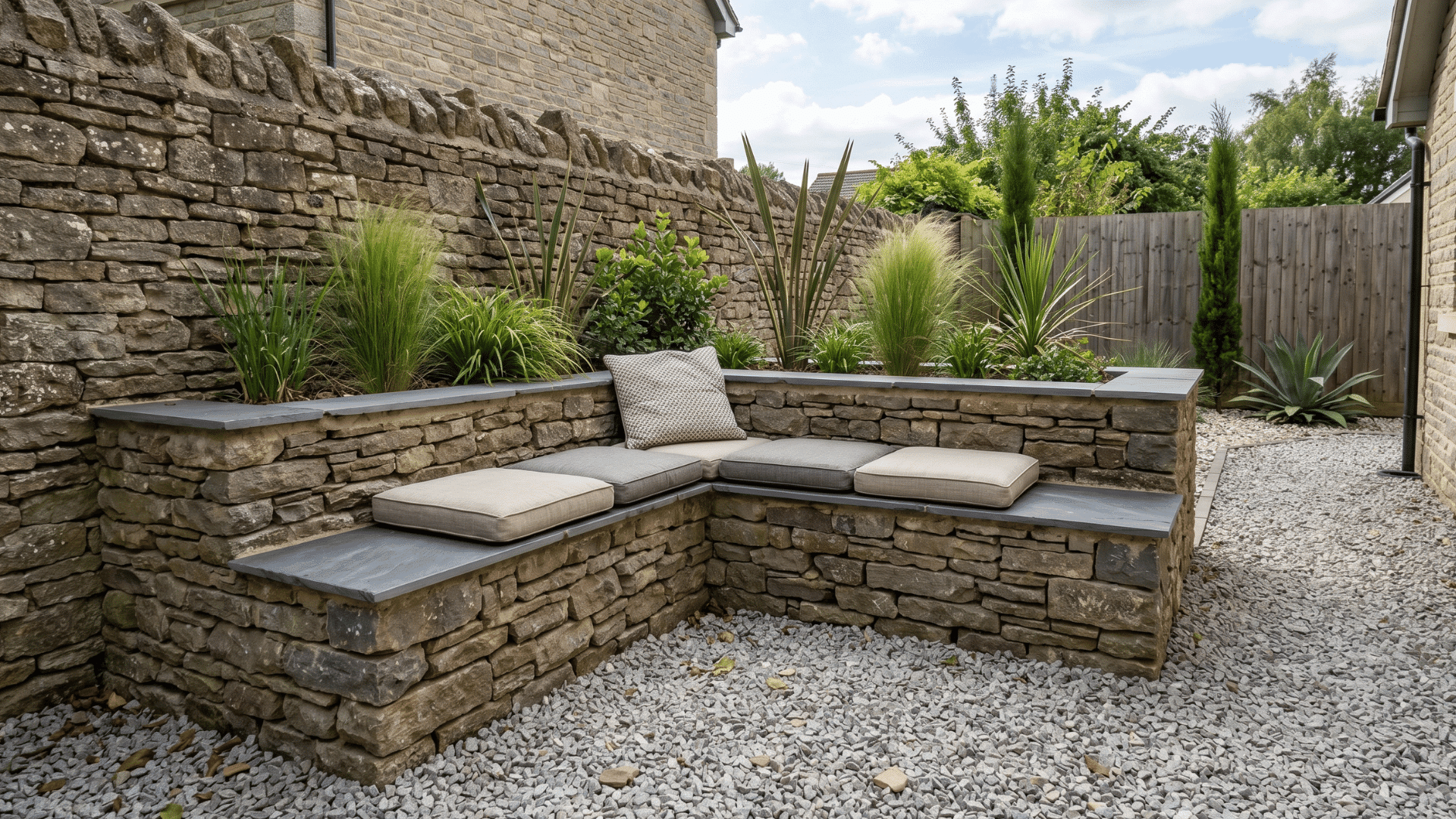 built-in stone bench garden corner with gravel flooring in bright daylight