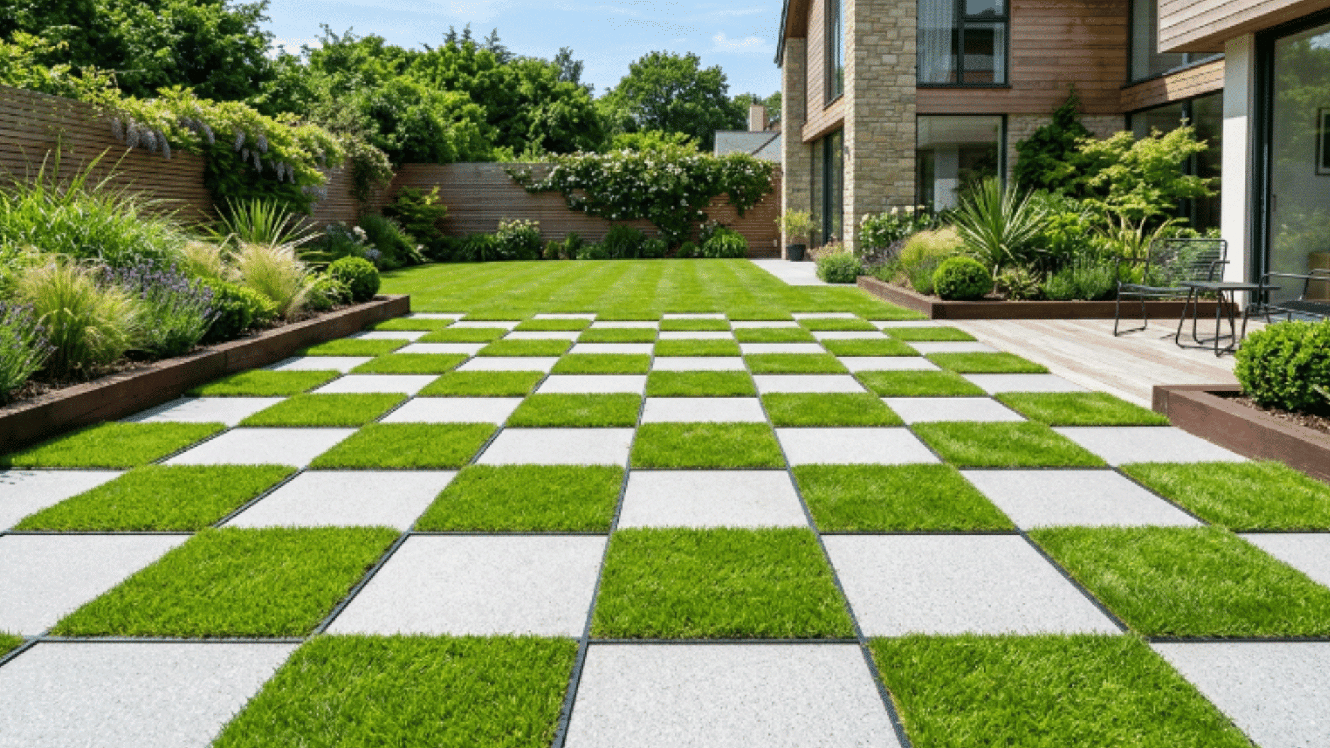 checkerboard grass and paver backyard layout with modern geometric outdoor design in daylight