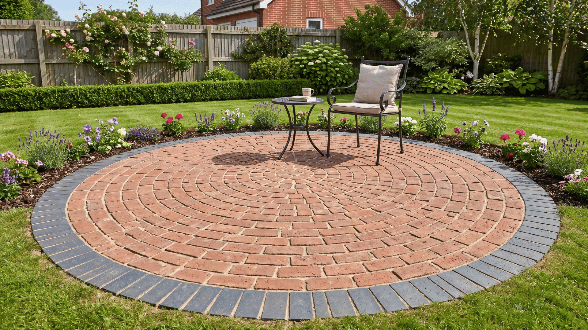 circular brick patio with flower border and central seating area in daylight