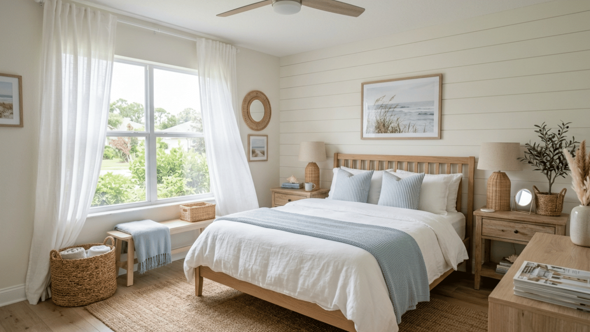 coastal guest bedroom with soft blue accents, light wood furniture, airy curtains, and relaxing beach-inspired decor.