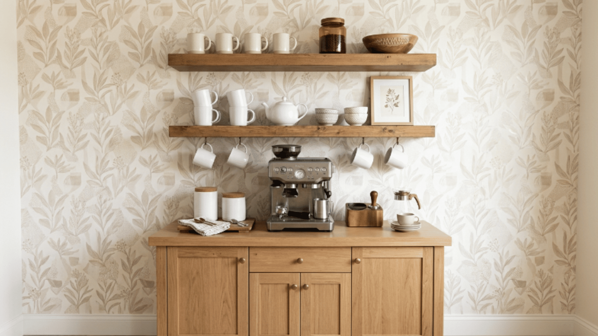 coffee bar with patterned wallpaper floating shelves mugs and coffee machine