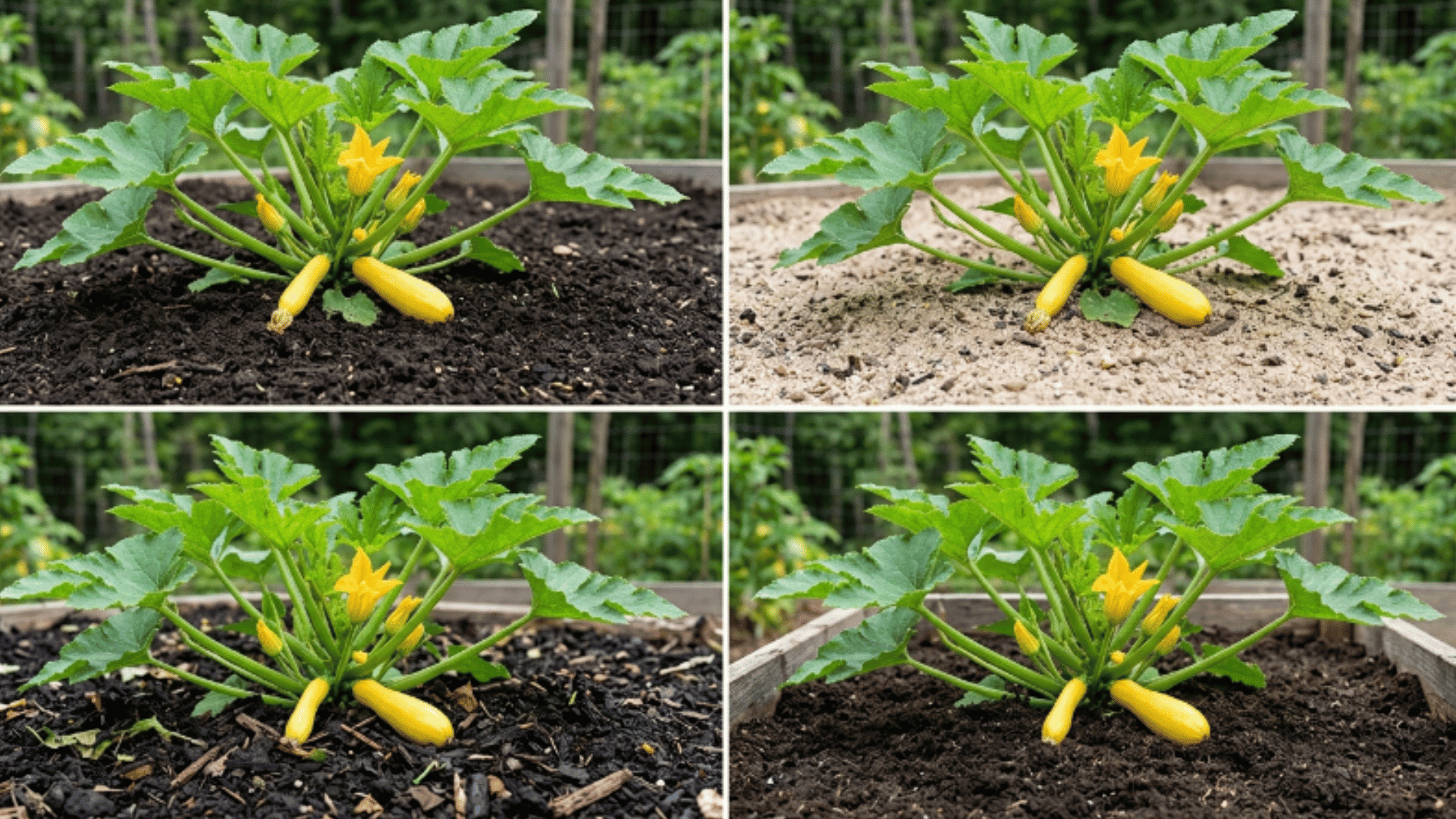 collage of summer squash plants growing in four different soil types with clear soil textures