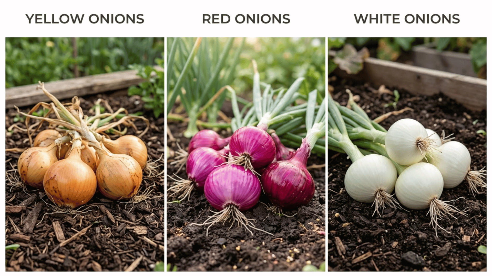 collage showing yellow red and white onion varieties placed on soil with labeled sections for each onion type
