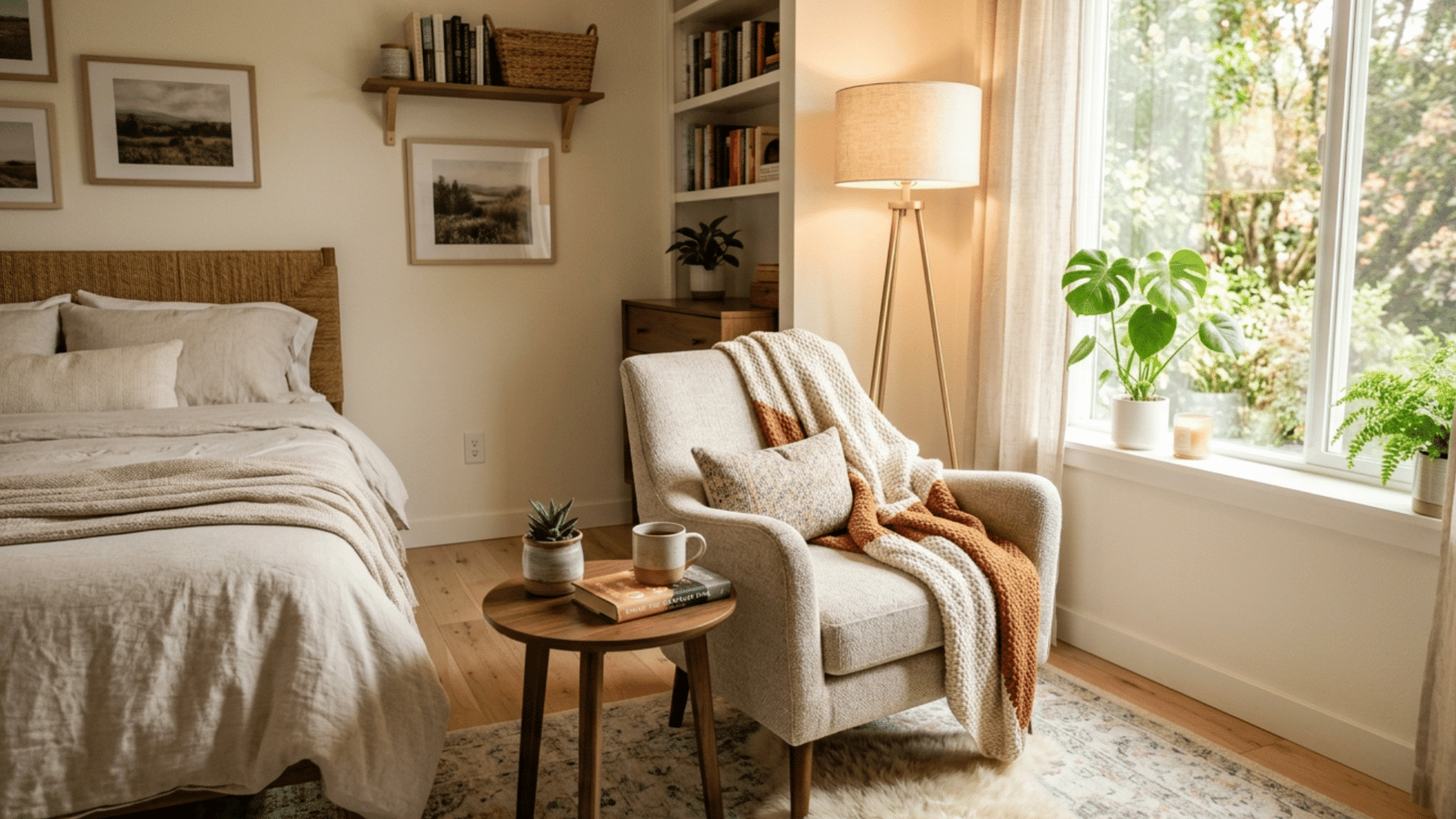 cozy guest bedroom reading corner with armchair, soft lighting, warm textures, and relaxing natural sunlight.
