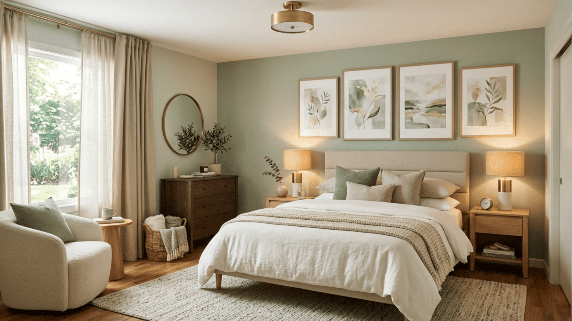 cozy guest bedroom styled with artwork, soft neutral bedding, warm lighting, and elegant wall gallery decor.