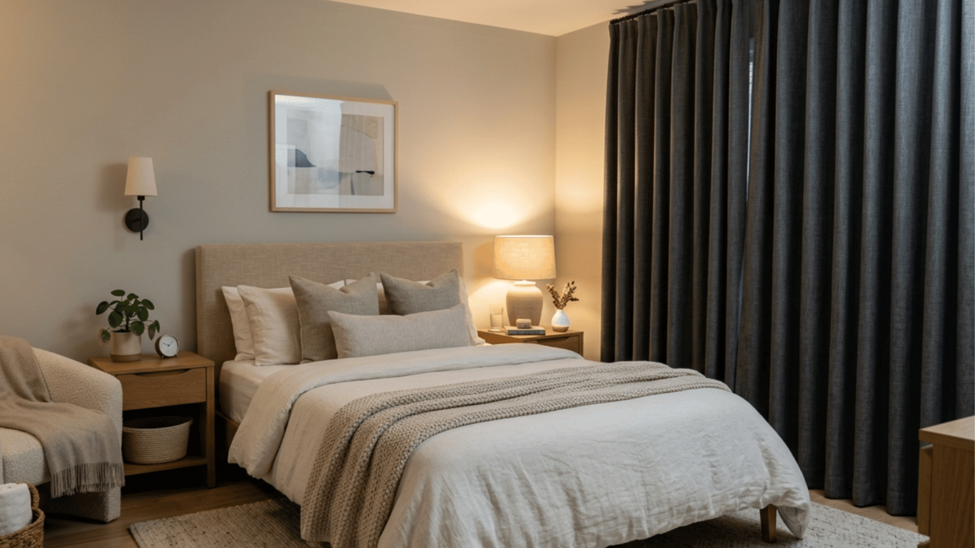 cozy guest bedroom with blackout curtains, layered bedding, soft lighting, and a calm relaxing atmosphere.